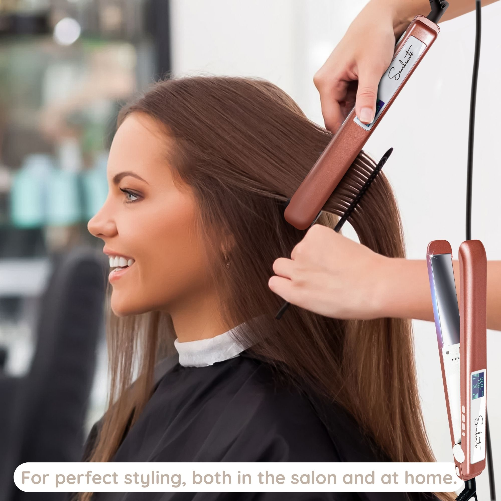 Das Bild zeigt eine Frau, die ihr Haar mit einem roségoldenen Haarglätter stylt. Es gibt zwei Glätteisen im Bild.