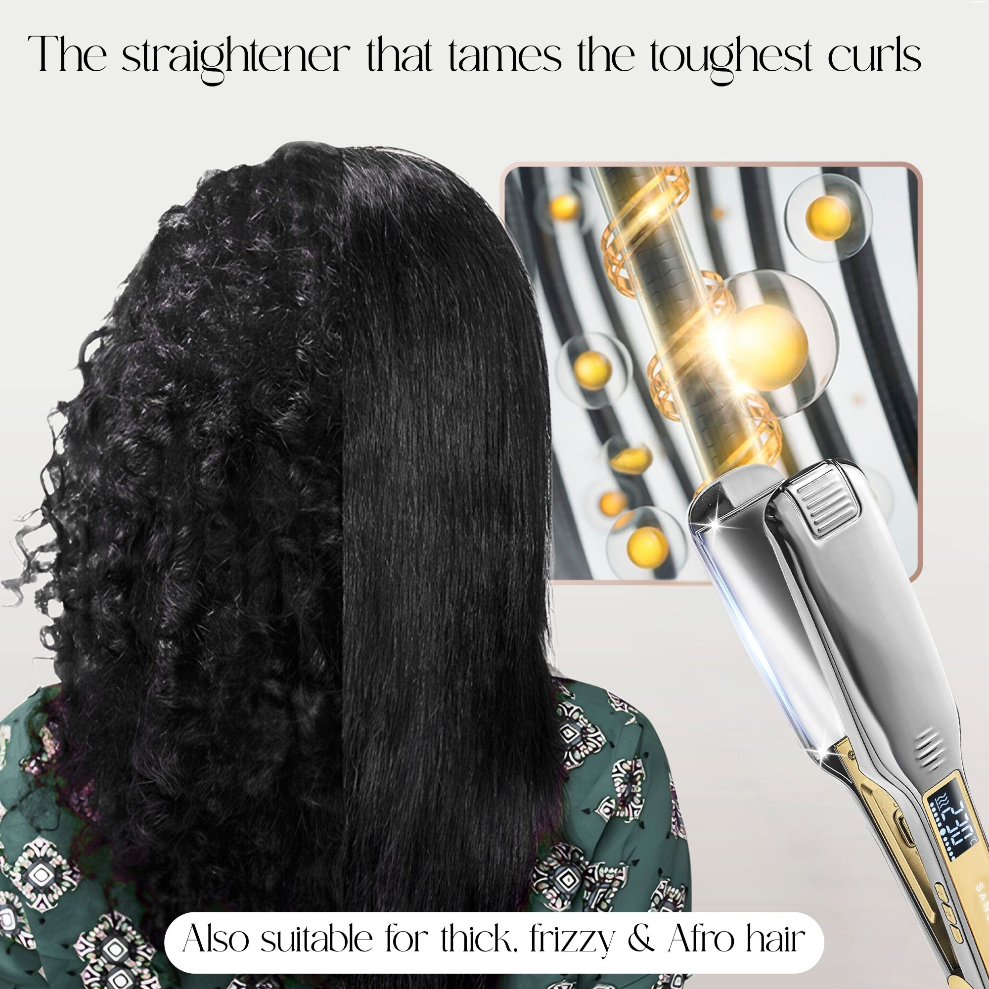 Das Bild zeigt, wie lockiges Haar geglättet wird. Es gibt einen Haarglätter im Bild. Der Text sagt 'zähmt die härtesten Locken'.