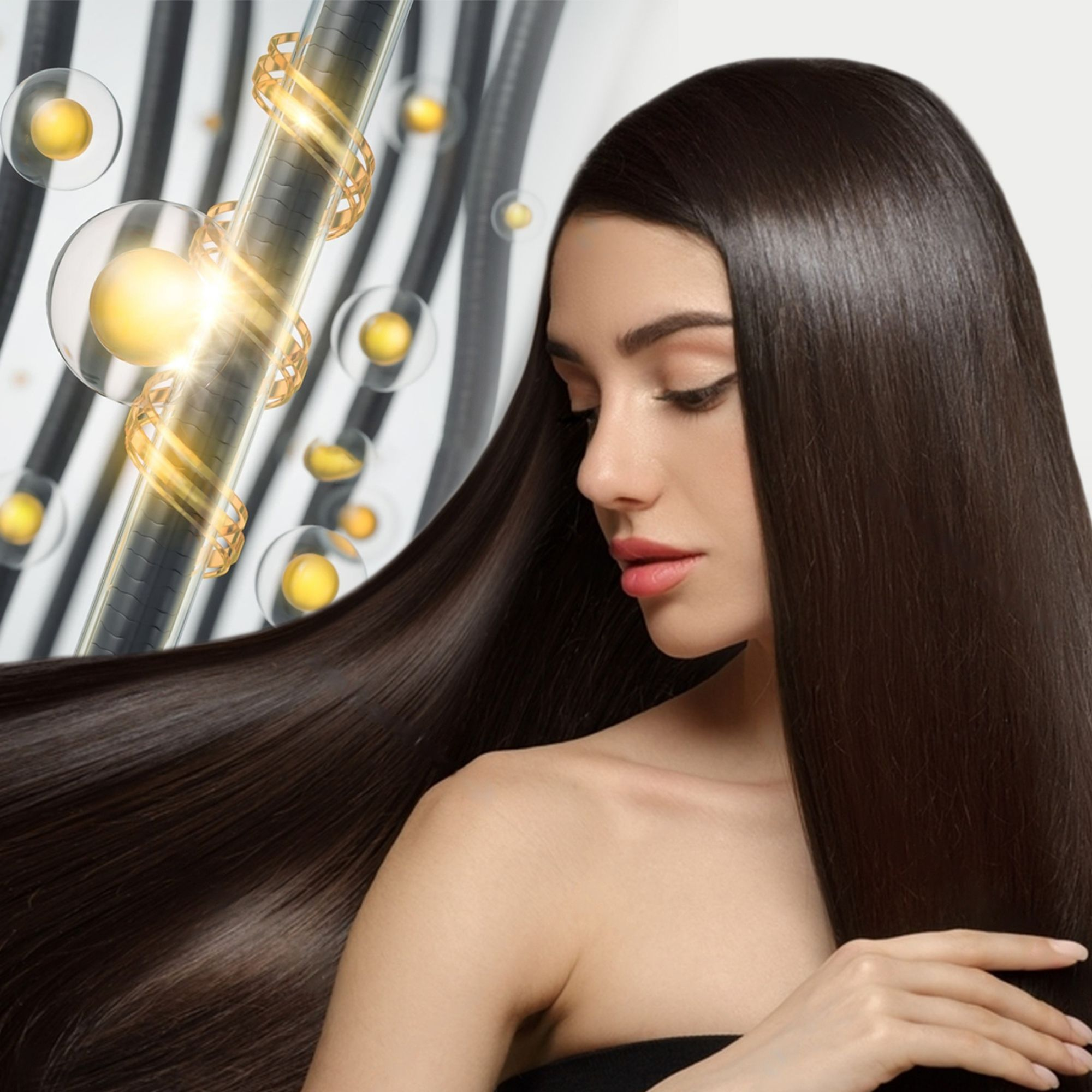 Frau mit langen, glänzenden, braunen Haaren, mit einer Produktvorführung.