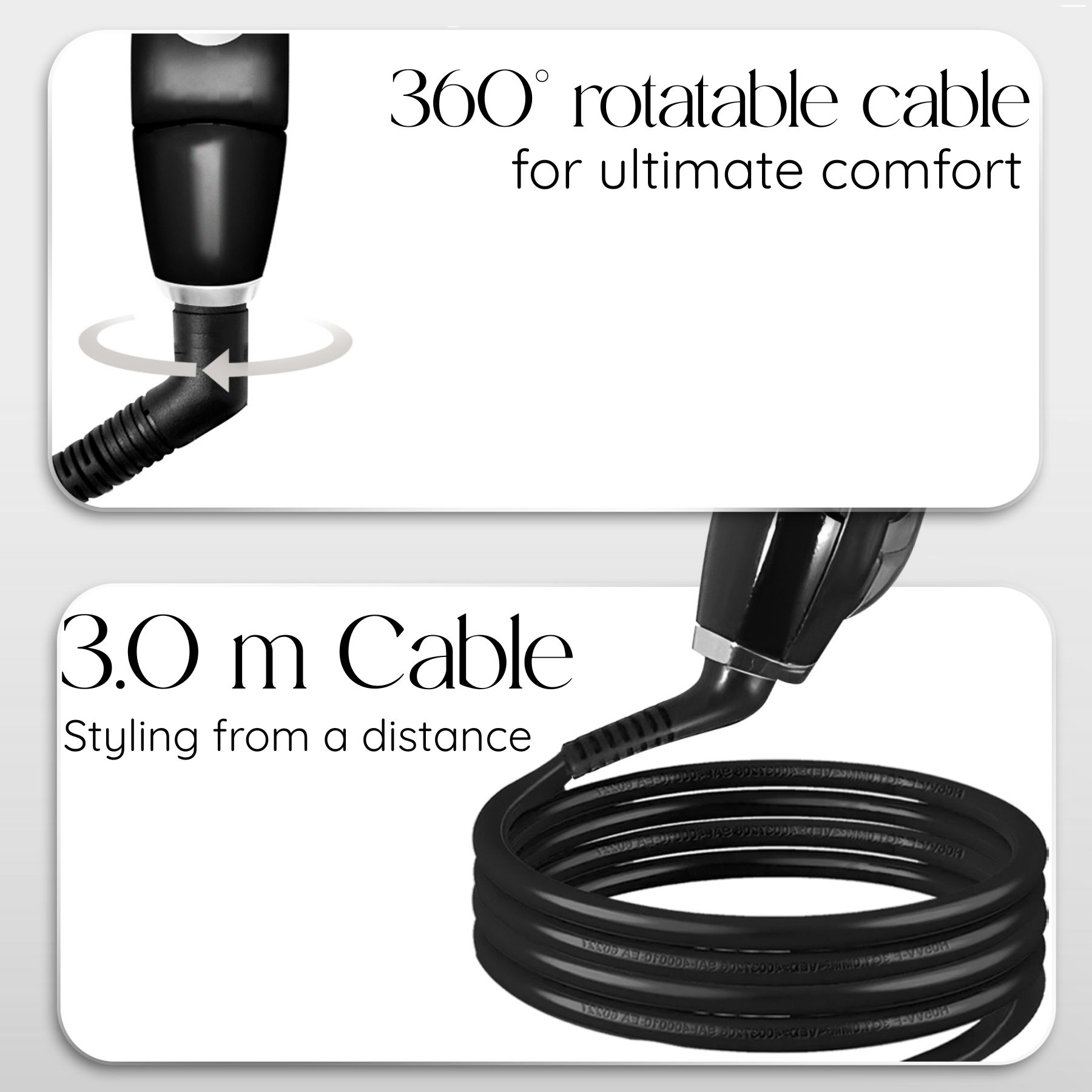 Das Bild zeigt ein Haarstyling-Tool mit einem 360° drehbaren Kabel und einem 3,0 m Kabel.