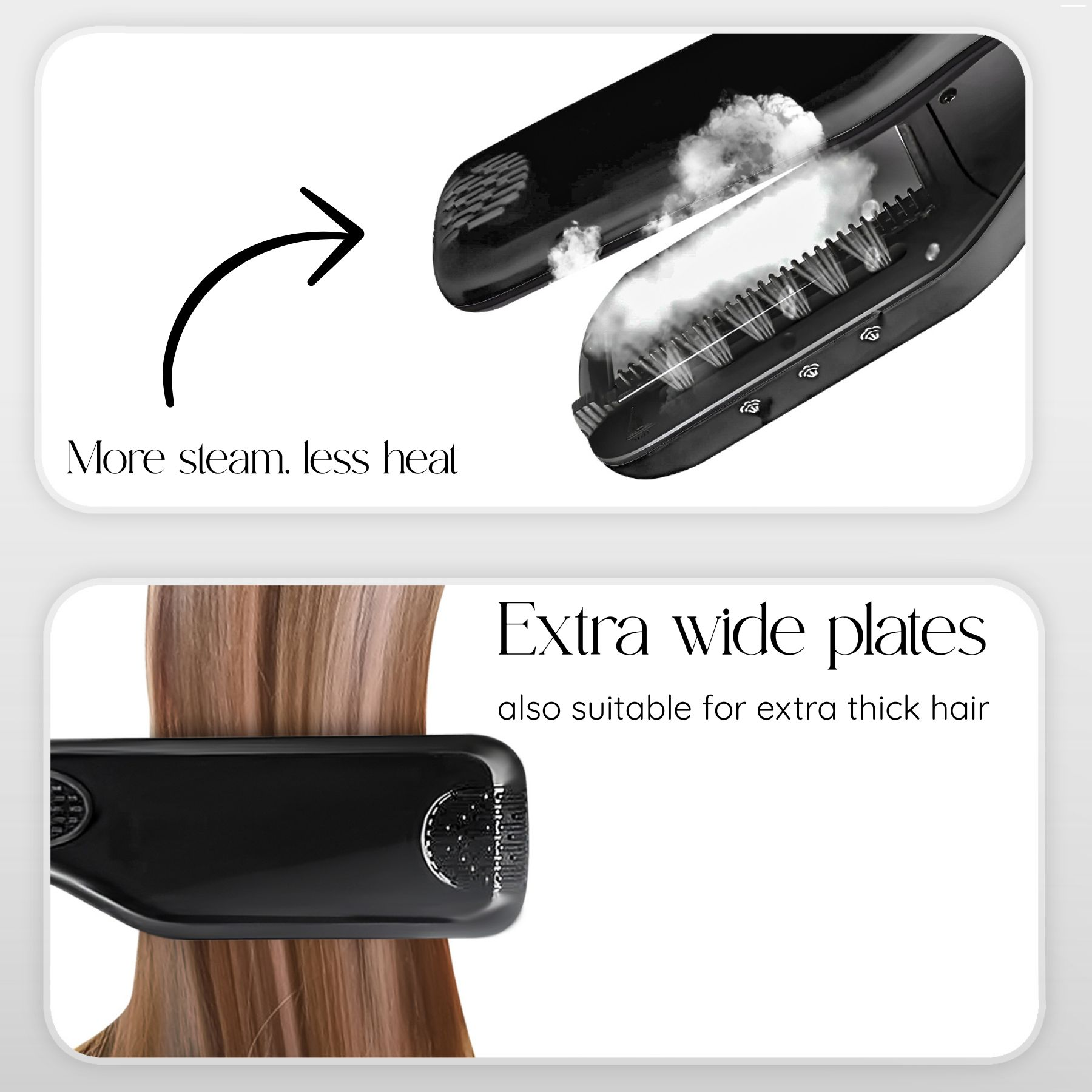 Ein schwarzer Haarglätter wird gezeigt, mit Dampf, der austritt, und extra breiten Platten.