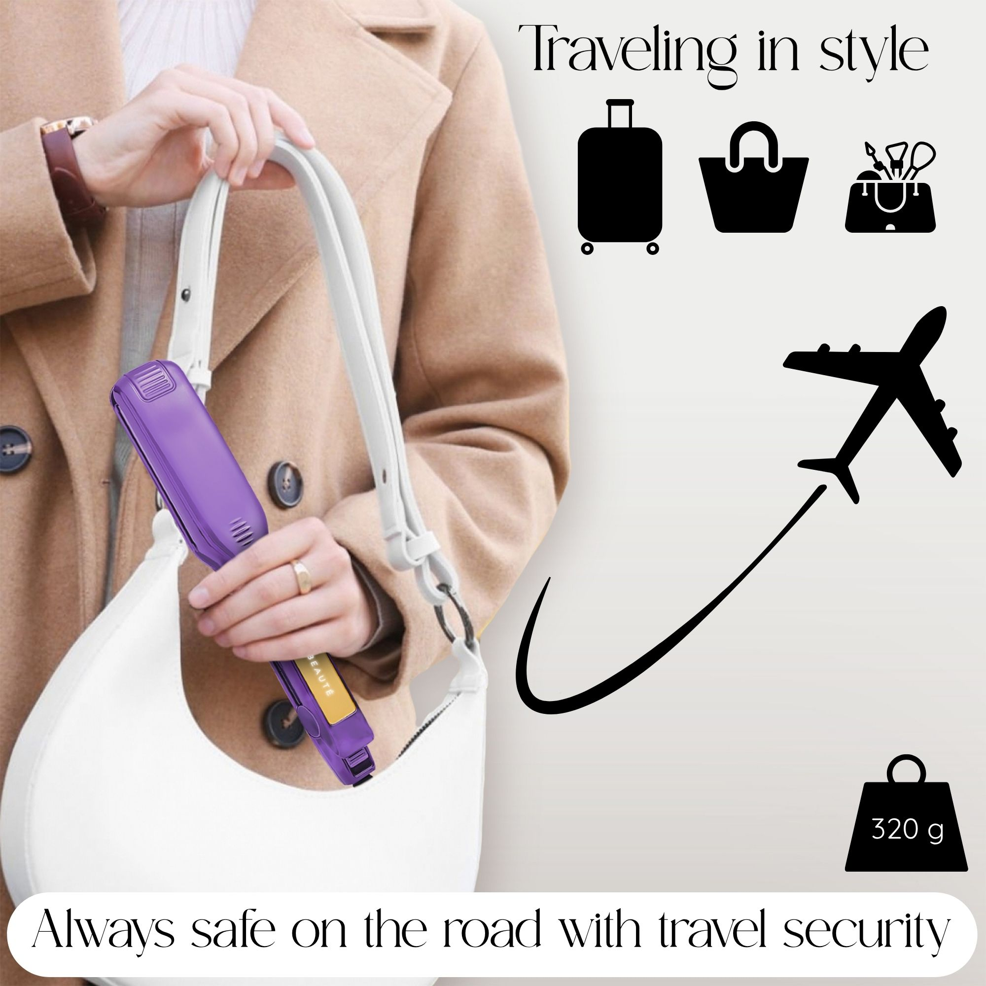 Das Bild zeigt eine Frau, die einen lila Haarglätter in einer weißen Handtasche hält. Es gibt Reise-Symbole.