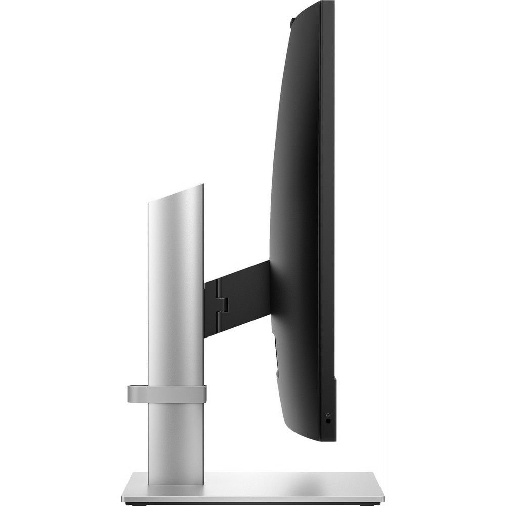 Widok z boku monitora komputera. Jest srebrny z czarnym ekranem i solidną podstawą.