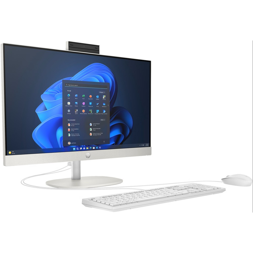 Biały zestaw komputerowy HP all-in-one z perspektywy, pokazujący monitor, klawiaturę i mysz.