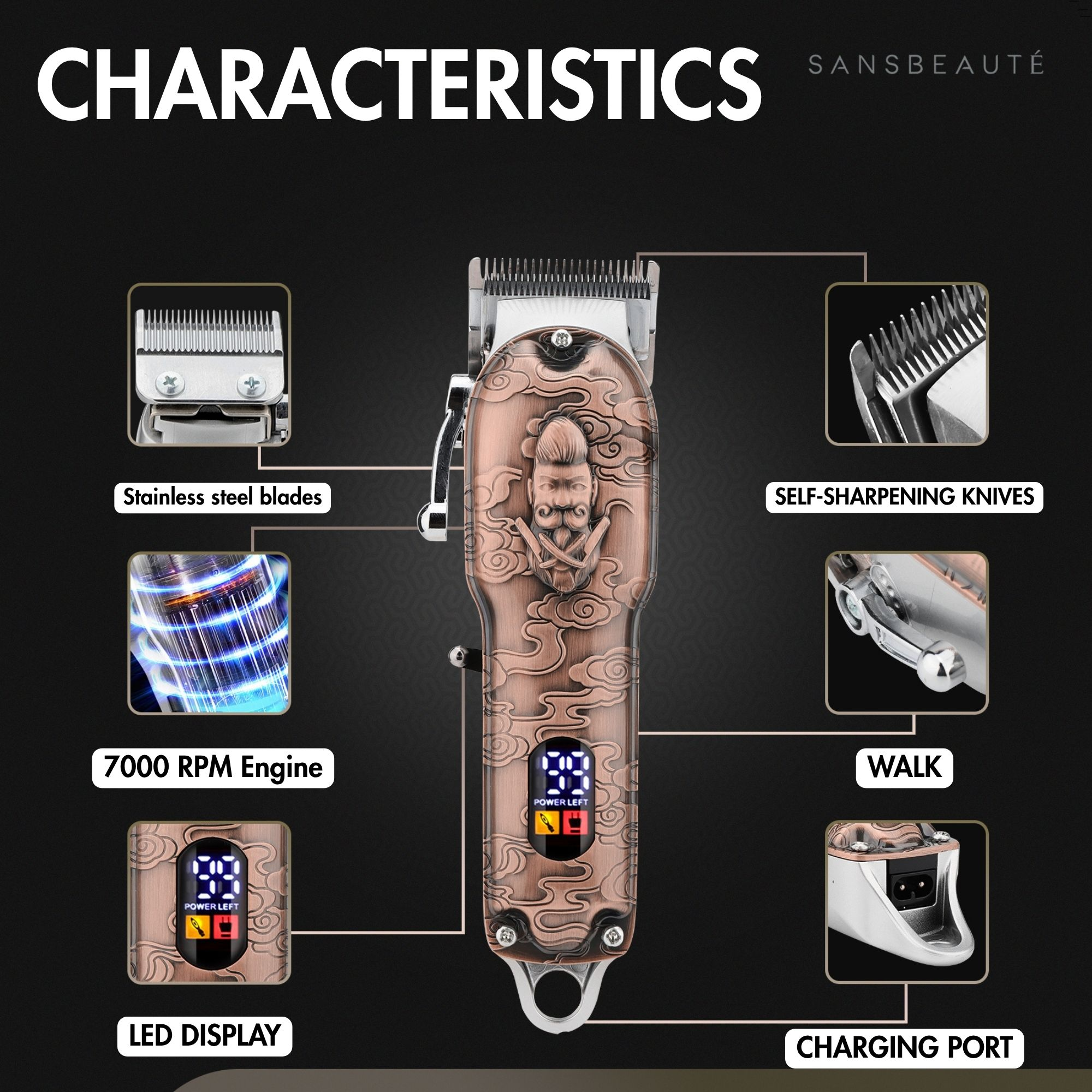 A product diagram of a hair clipper, showing its features, including blades, engine, LED display, and charging port.