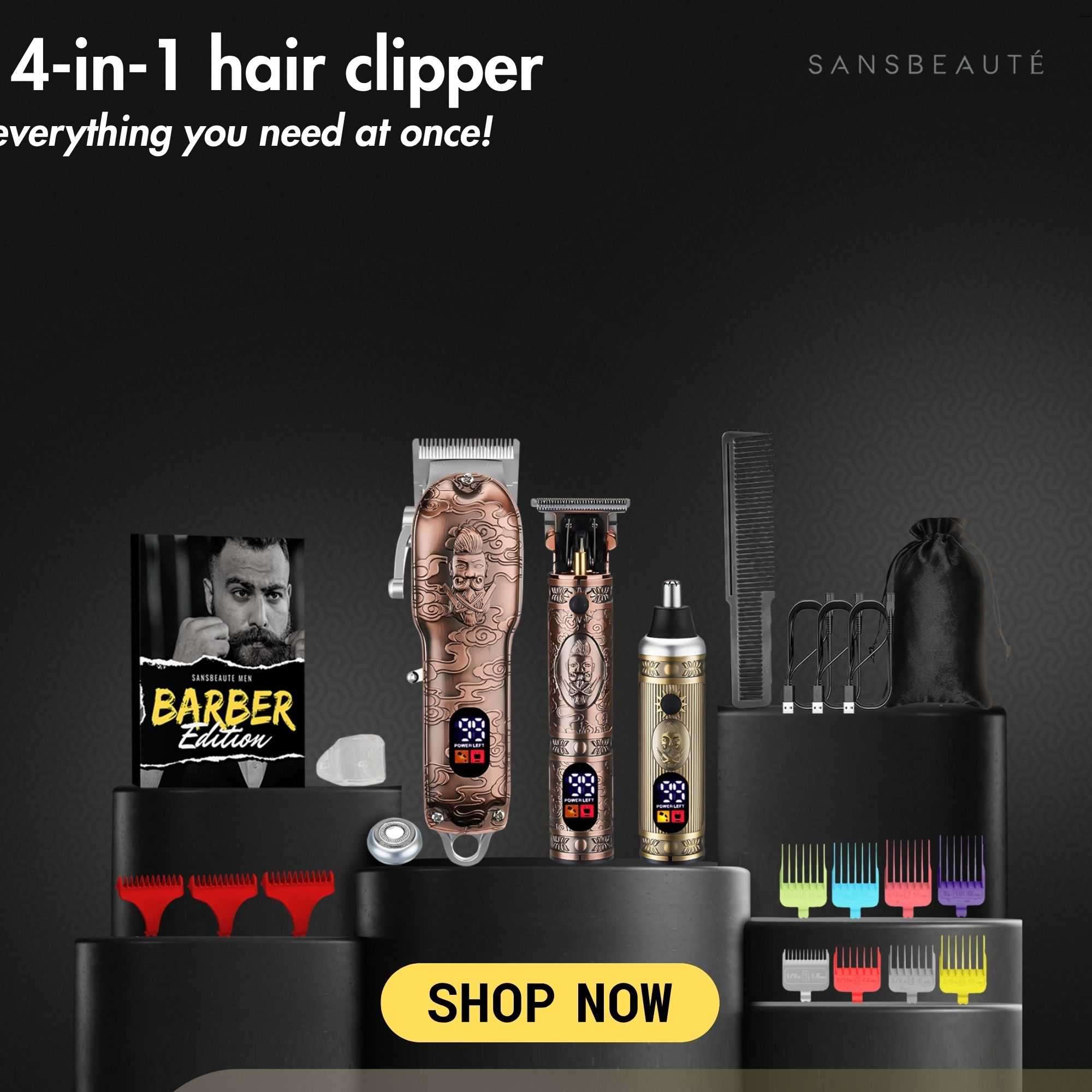 Image shows a 4-in-1 hair clipper set with a barber edition book and accessories. Text: SHOP NOW