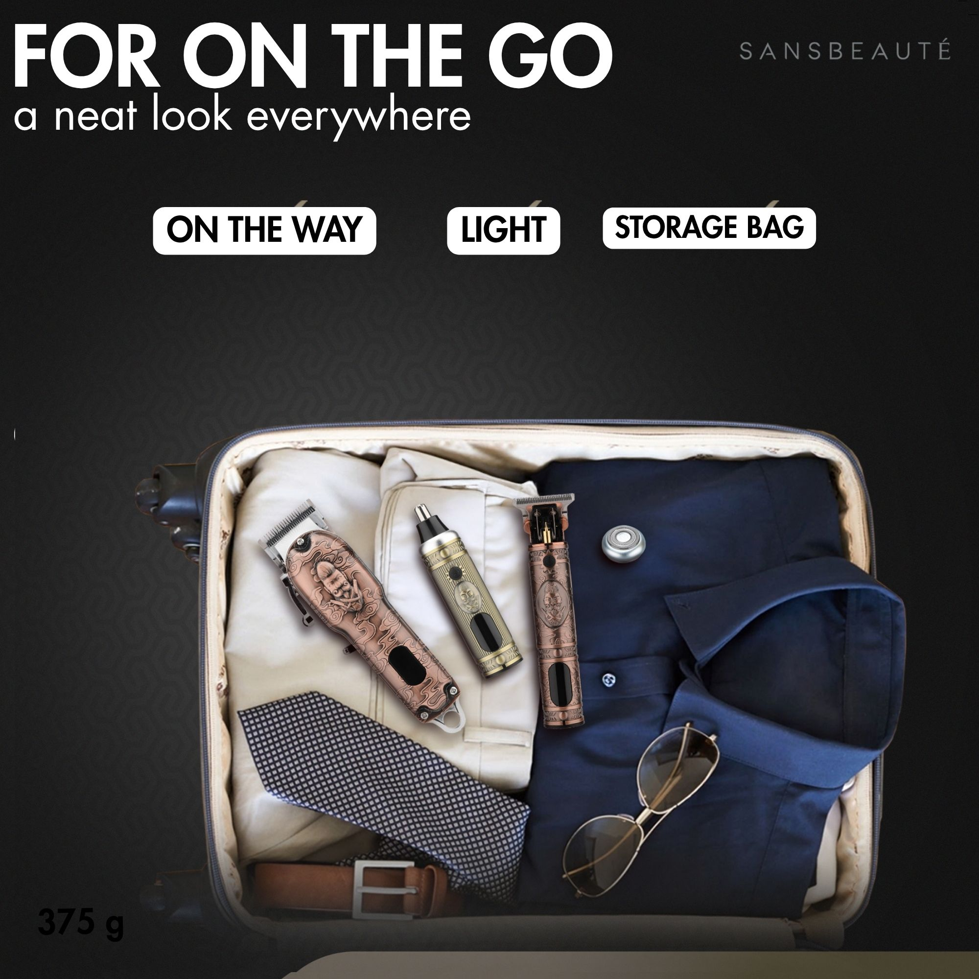 Image shows a suitcase with hair clippers, tie, shirt, and sunglasses. Text: FOR ON THE GO.