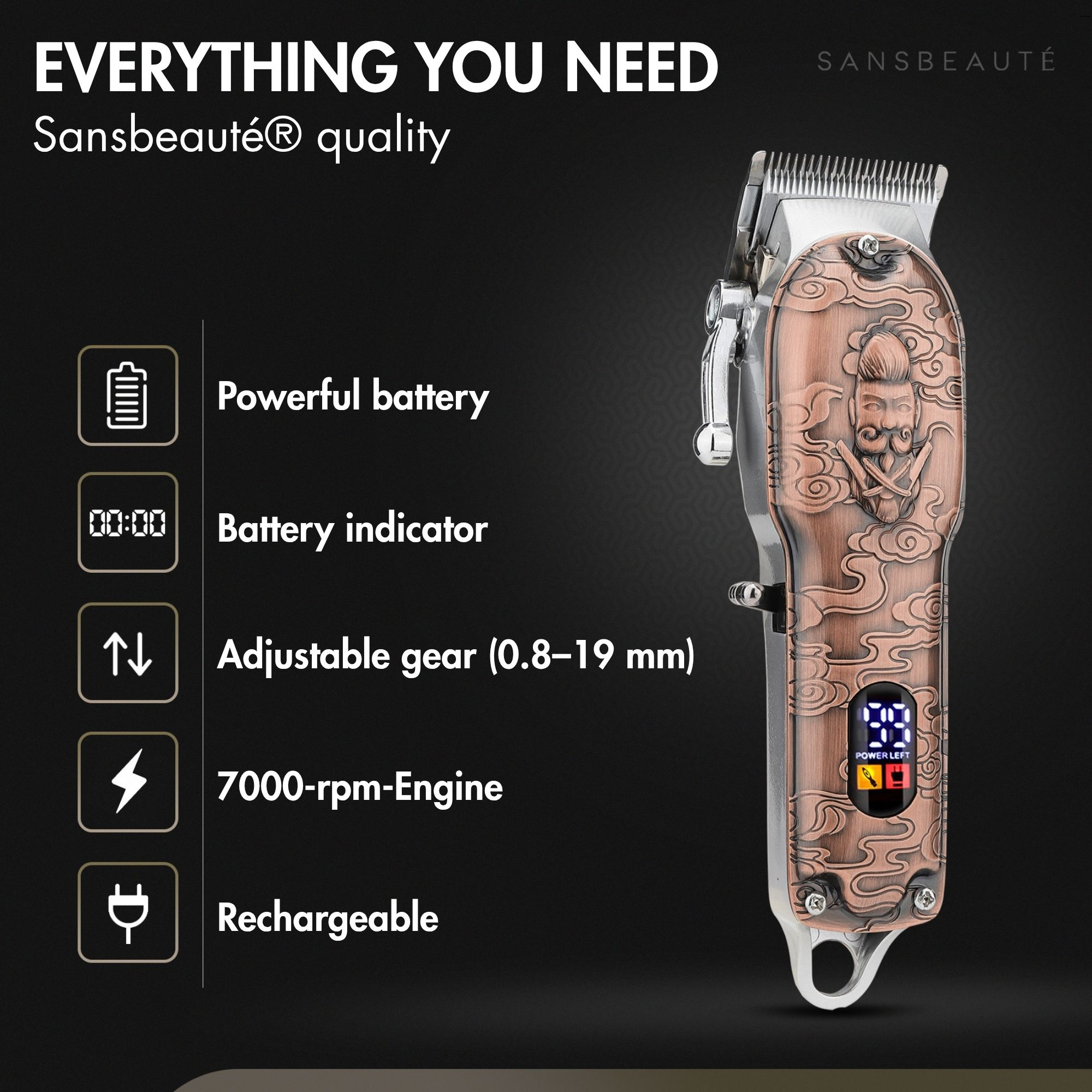 L'image montre une tondeuse à cheveux couleur cuivre avec des fonctionnalités telles qu'un indicateur de batterie et un engrenage réglable. Texte : TOUT CE DONT VOUS AVEZ BESOIN.