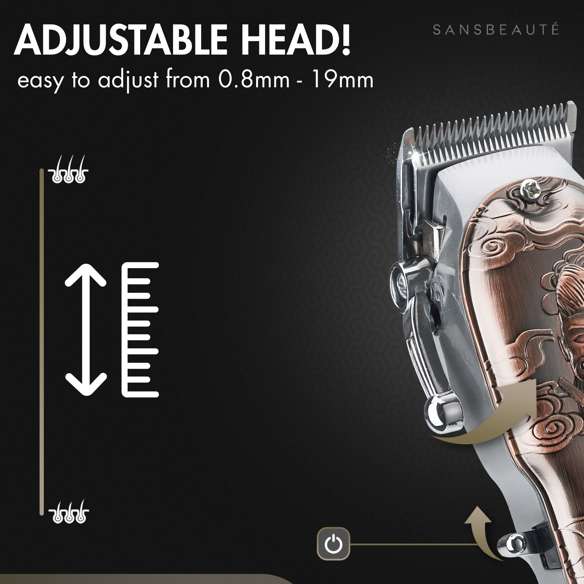 Close-up showing a hair trimmer with adjustable head, indicating the adjustment range.