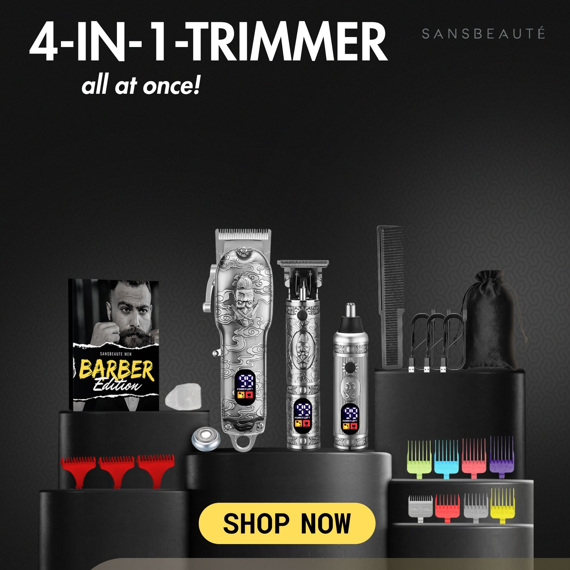 Das Bild zeigt ein 4-in-1 Trimmer-Set mit mehreren Aufsätzen, Kämmen und Zubehör für die Pflege.