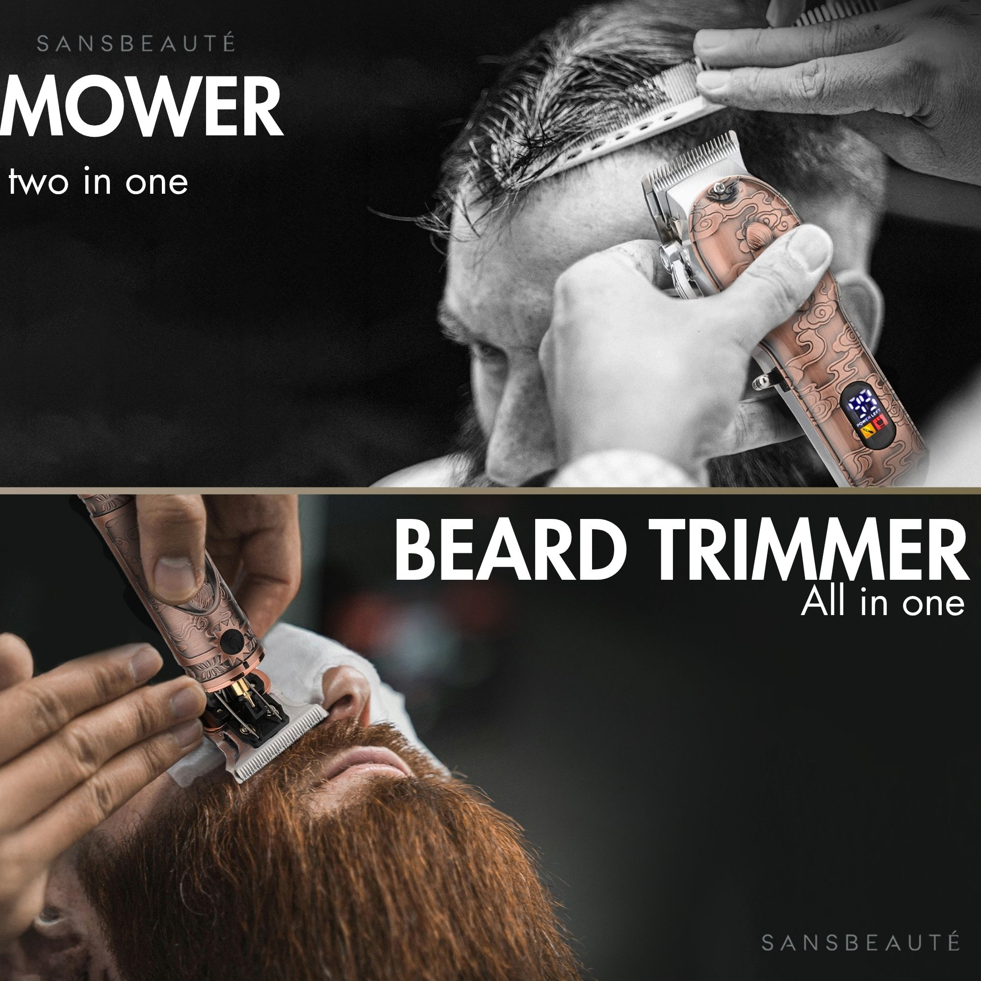 A split image showing a person getting a haircut and a man trimming his beard, both with gold trimmers.