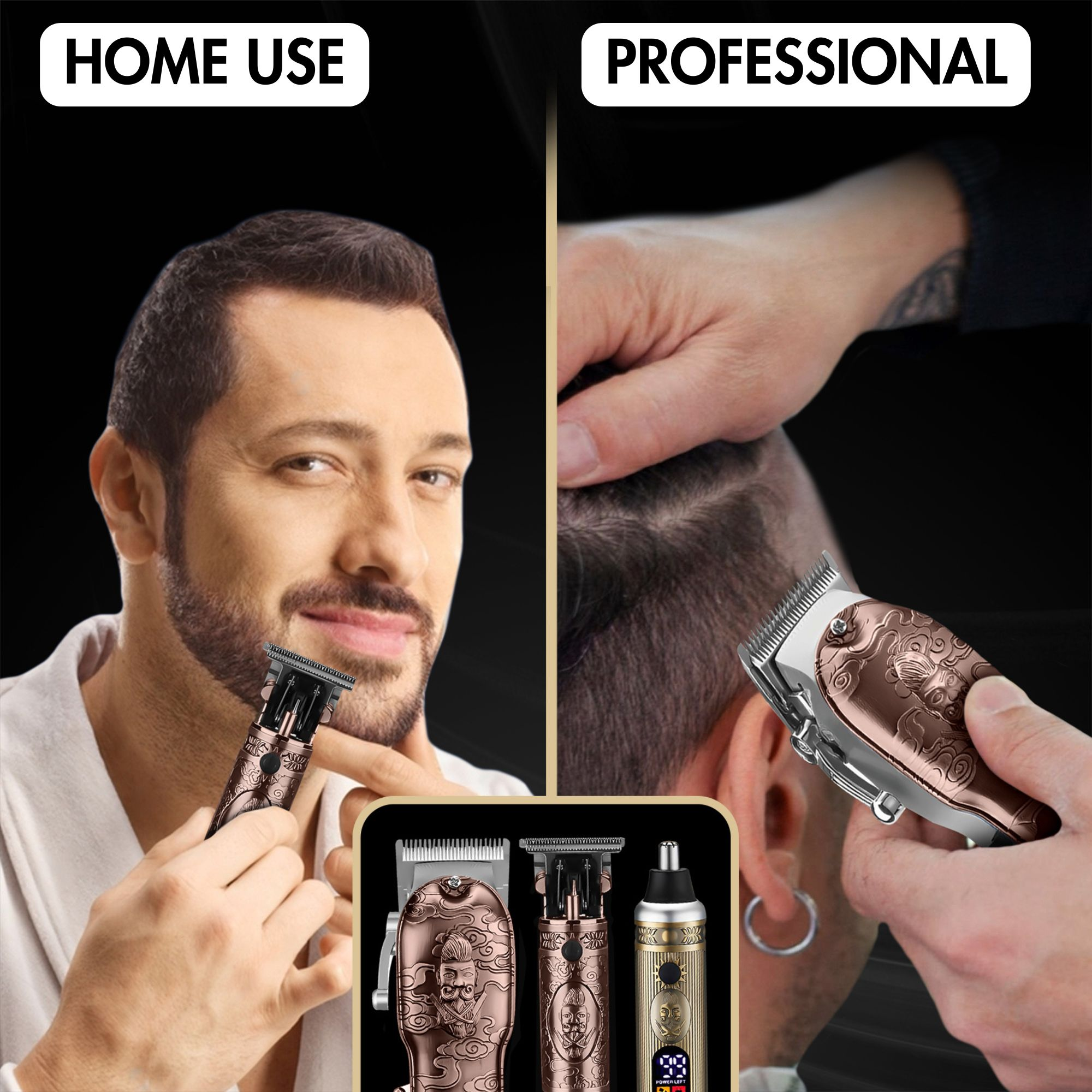 Image contrasts home and professional hair cutting: a man using a clipper at home and a stylist at a salon.