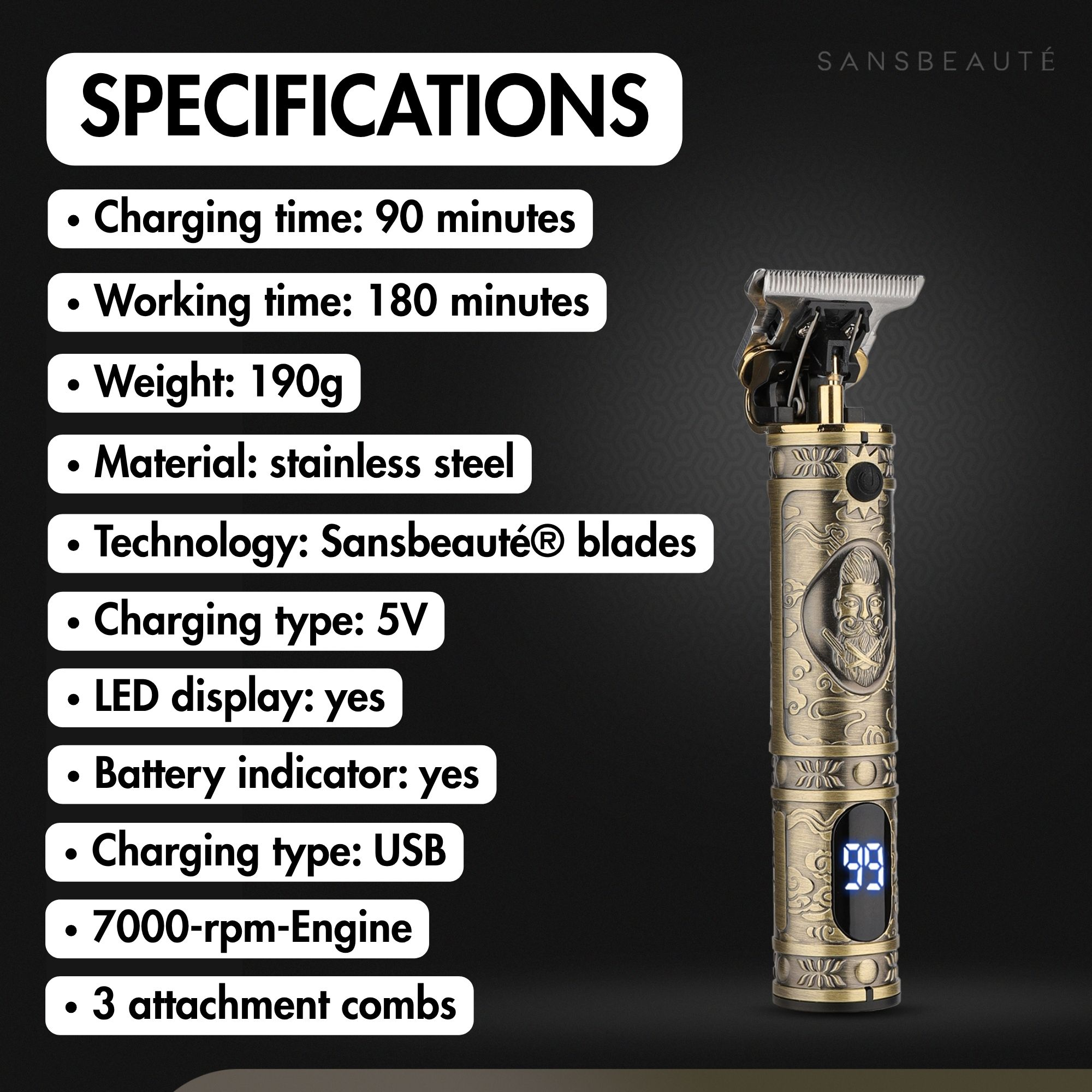 Ein goldfarbener Trimmer neben einer Liste von Spezifikationen, einschließlich Lade- und Arbeitszeiten und Motordetails.