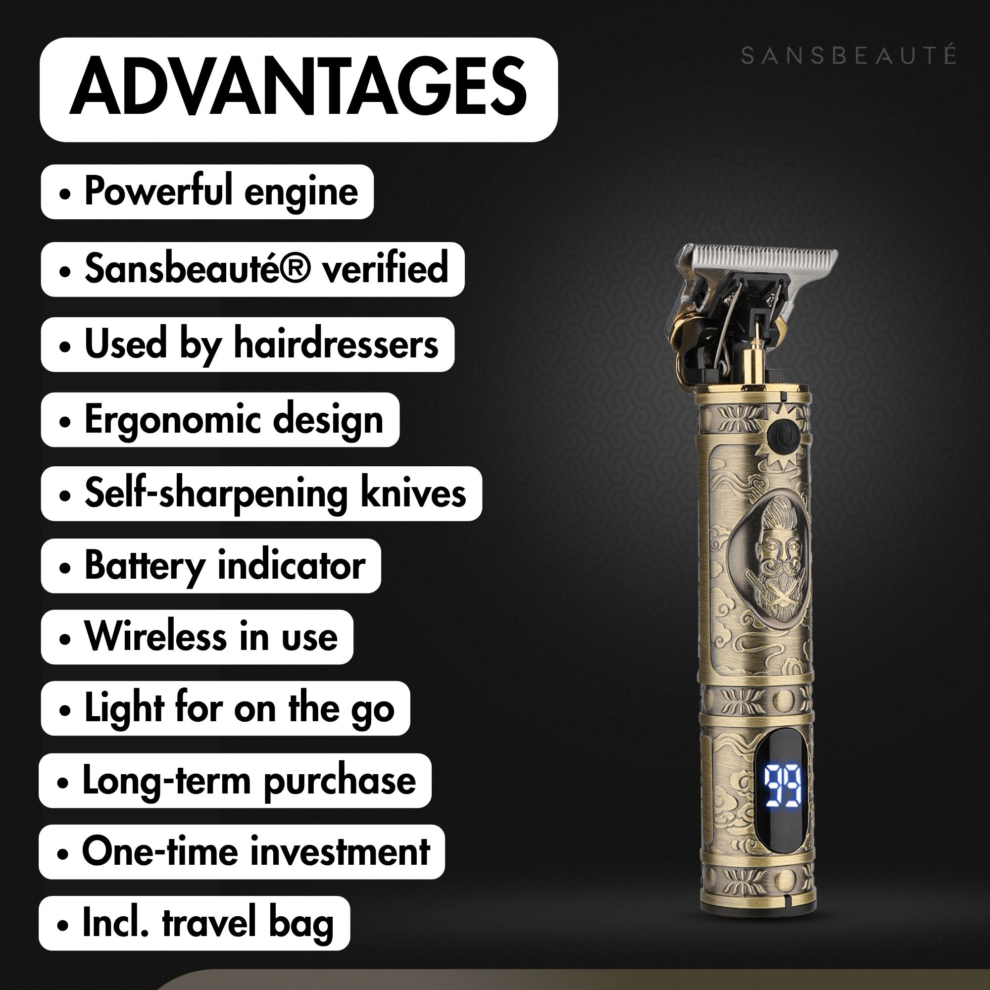 Ein goldfarbener Trimmer neben einer Liste seiner Vorteile, einschließlich Akkuanzeige und ergonomischem Design.