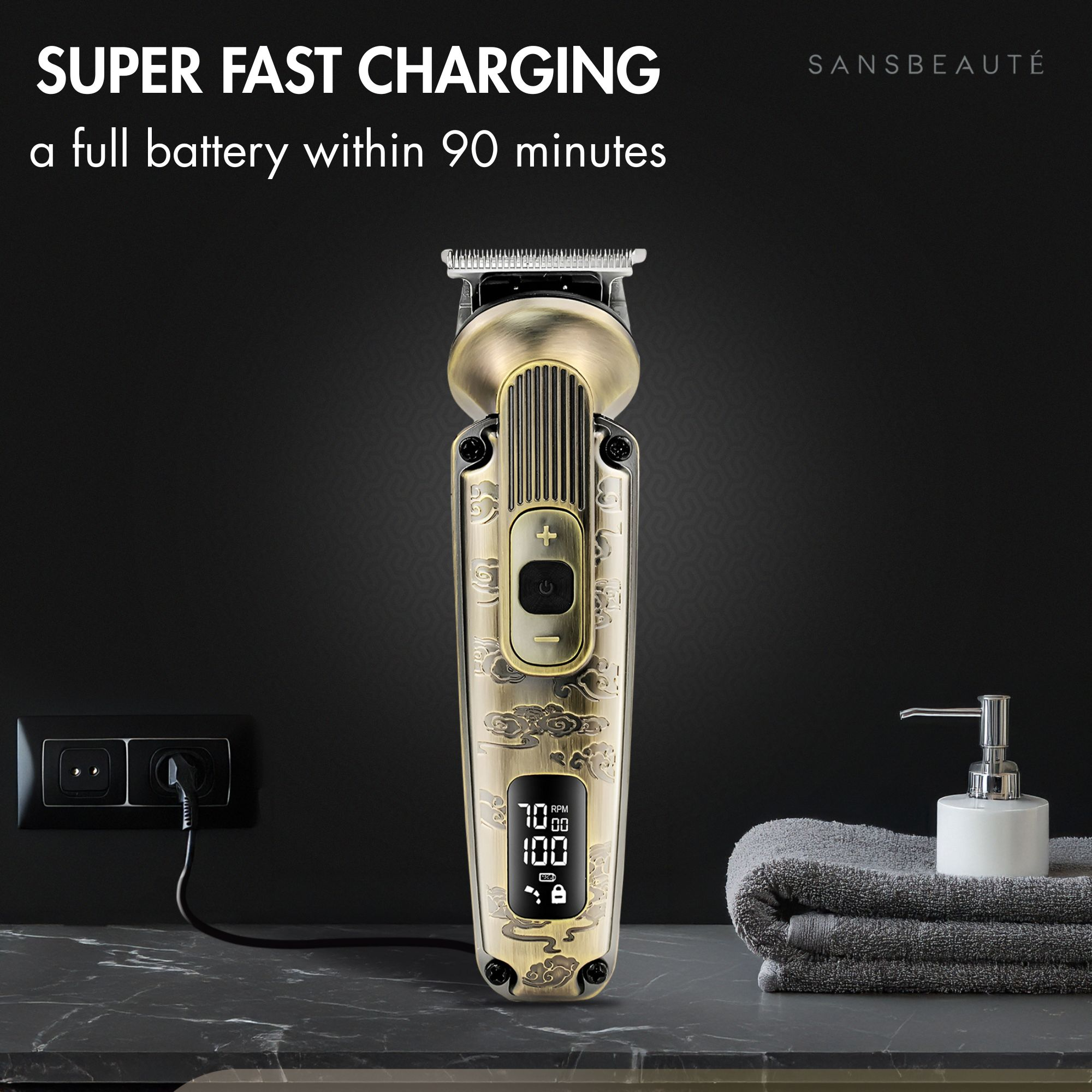 A gold shaver is displayed, plugged in, with a towel and soap in the background. Text says 'Super Fast Charging'.