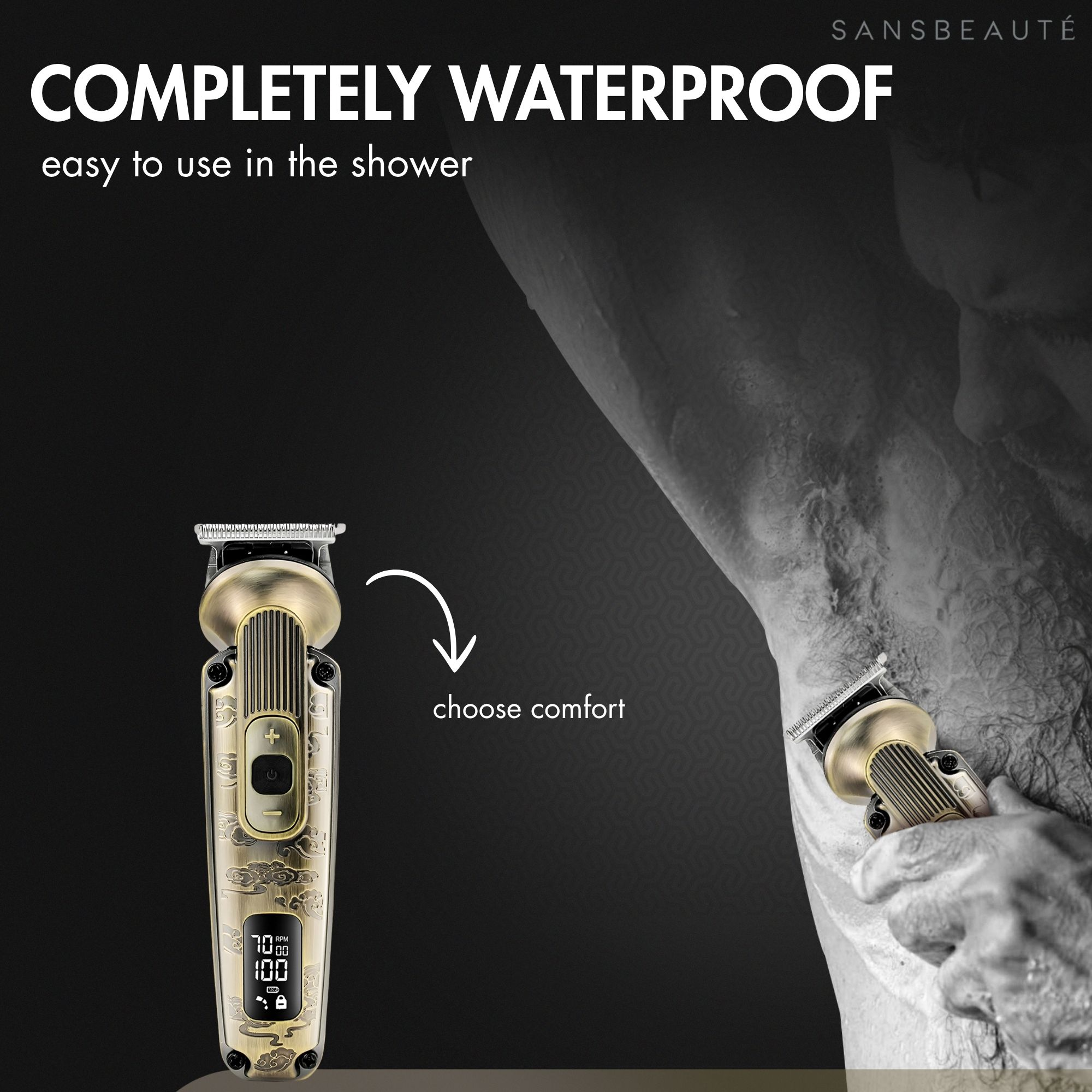 A gold trimmer is shown with a close-up of trimming armpit hair. Text says 'Completely waterproof' and 'choose comfort'.