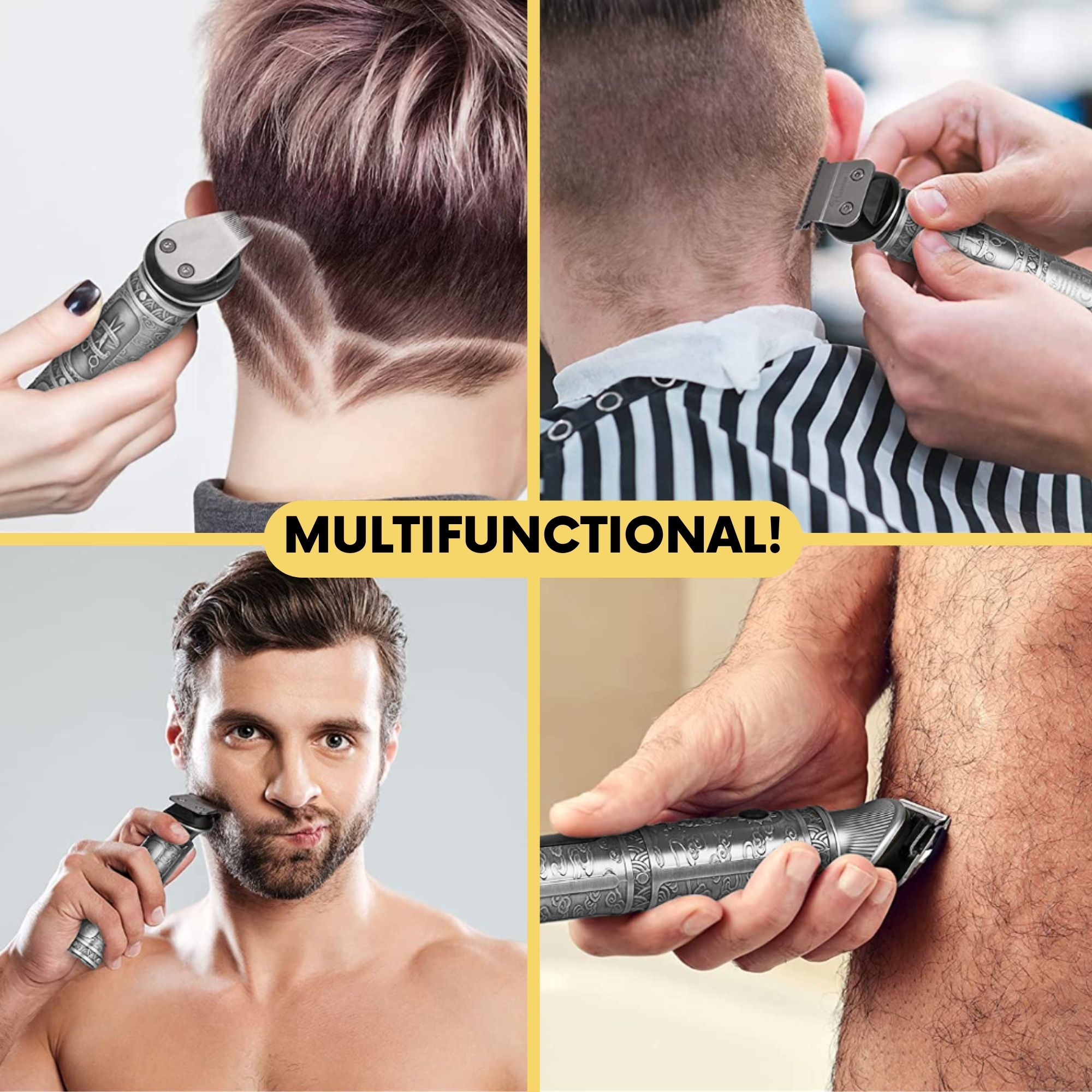 Ein multifunktionaler Haarschneider, der für Haar-Designs, Haarschnitte, Rasieren und Körperschnitt verwendet wird, zeigt verschiedene Anwendungen.