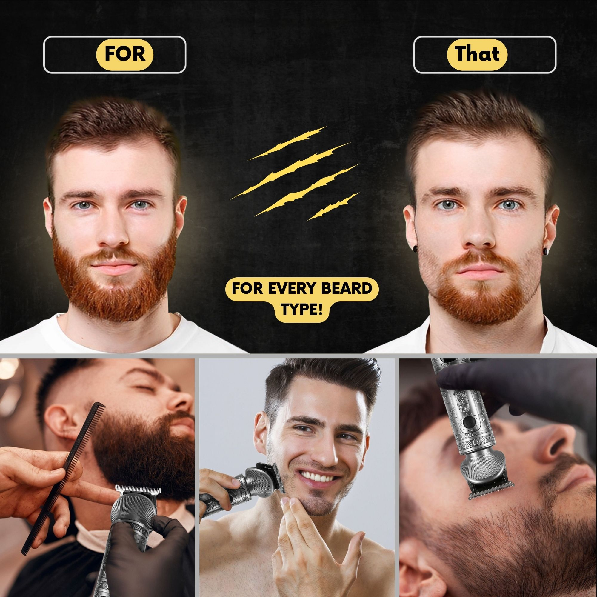Männer mit Bärten und ein Clipper, der am Bart eines Mannes verwendet wird. Text: Für jeden Barttyp.