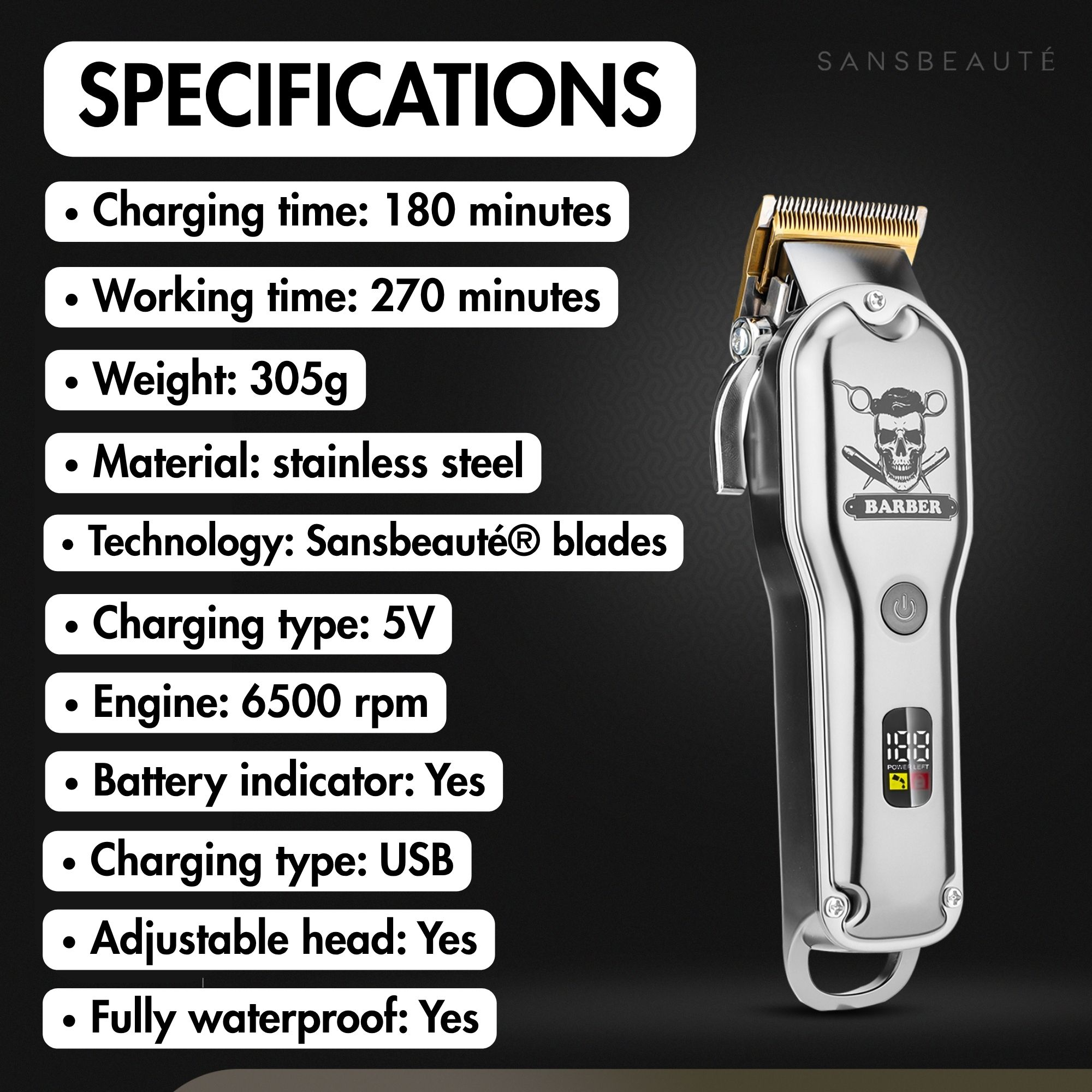 Tondeuse met specificaties, waaronder oplaadtijd, werktijd, gewicht, materiaal en motortoeren.