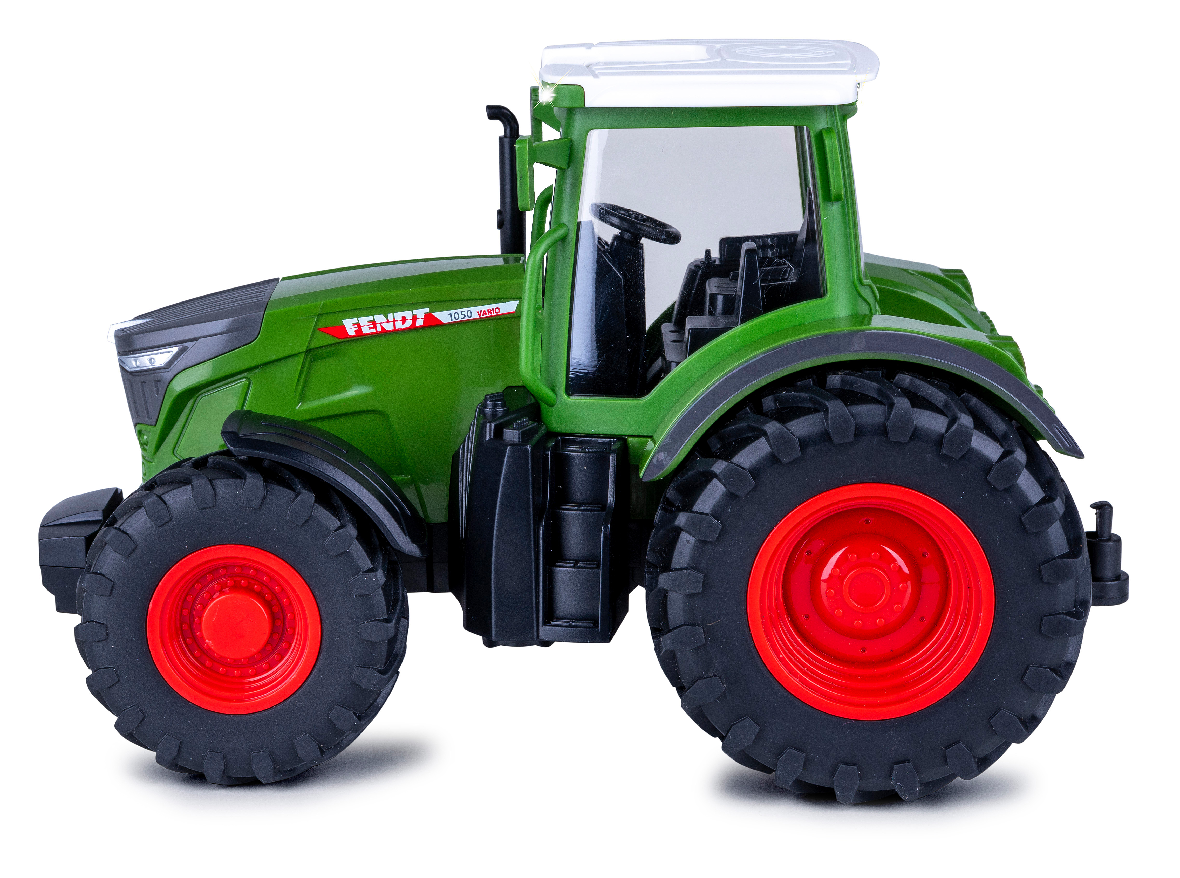 Grünes Traktorspielzeug mit roten Rädern. Der Traktor wird von der Seite gezeigt.