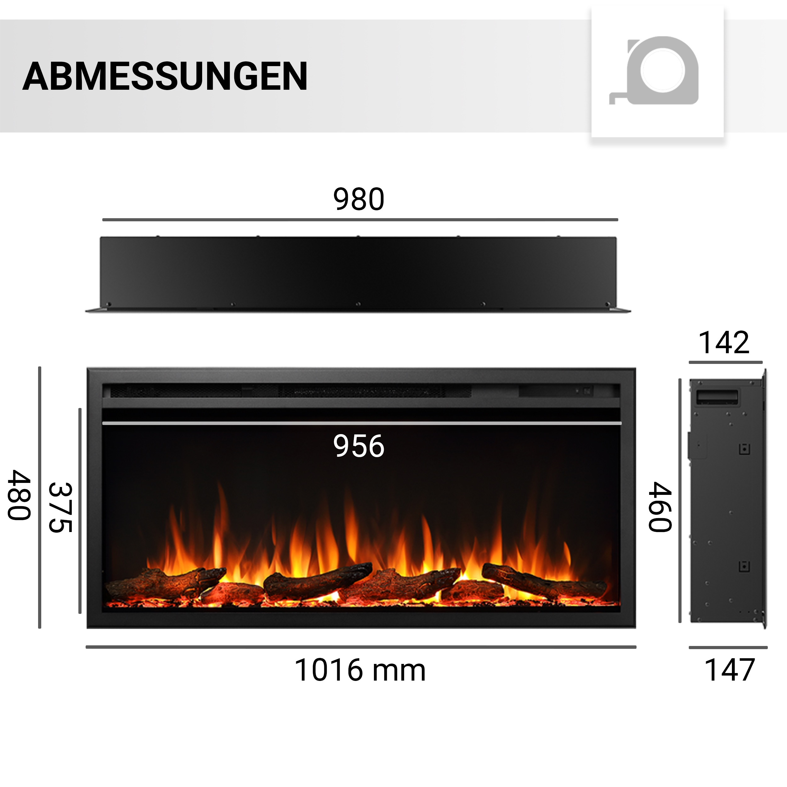 Diagramm eines Kamins mit Abmessungen. Der Kamin hat einen schwarzen Rahmen und einen Feuereffekt.