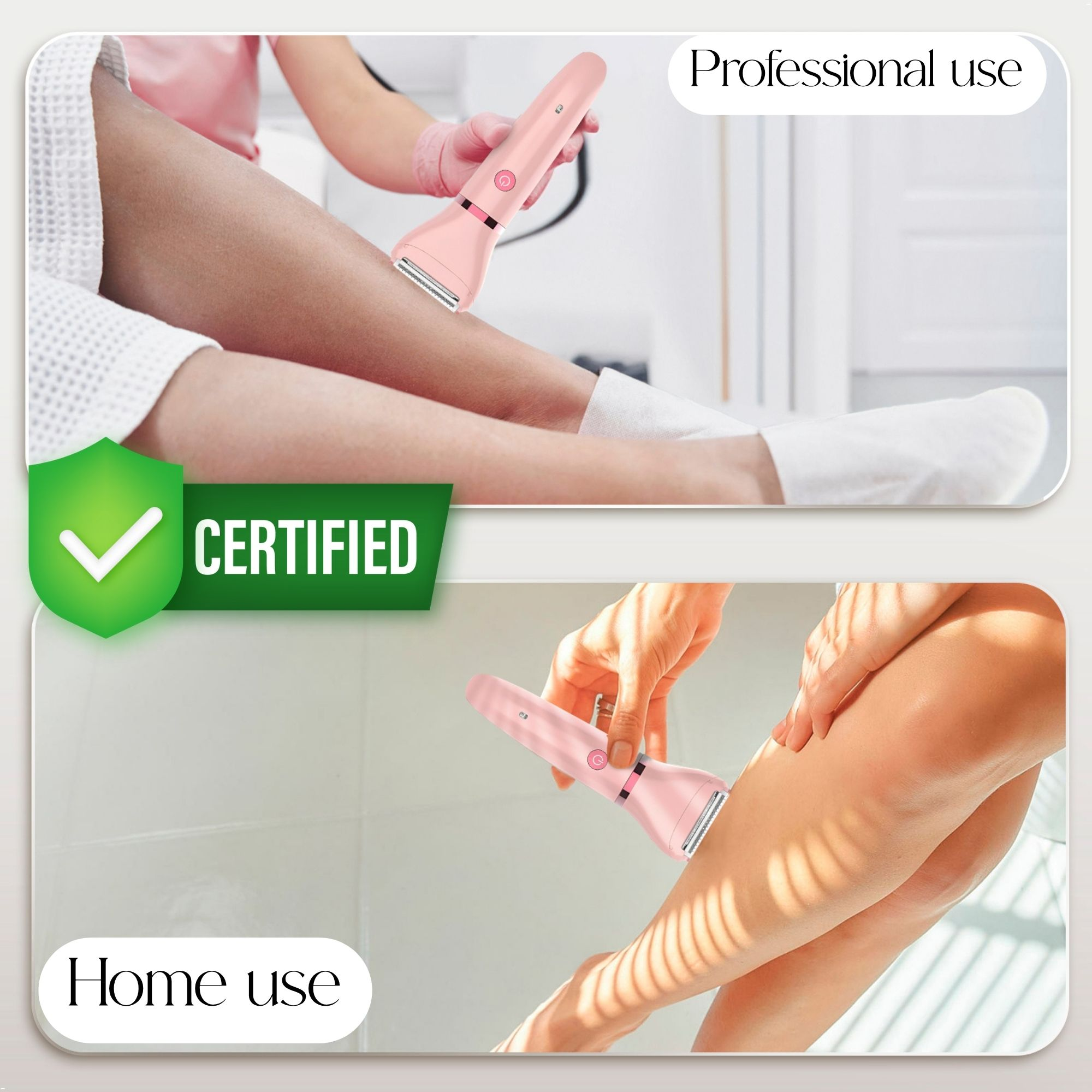 Zwei Bilder eines rosa Epilierers, eines für den professionellen und eines für den Hausgebrauch.