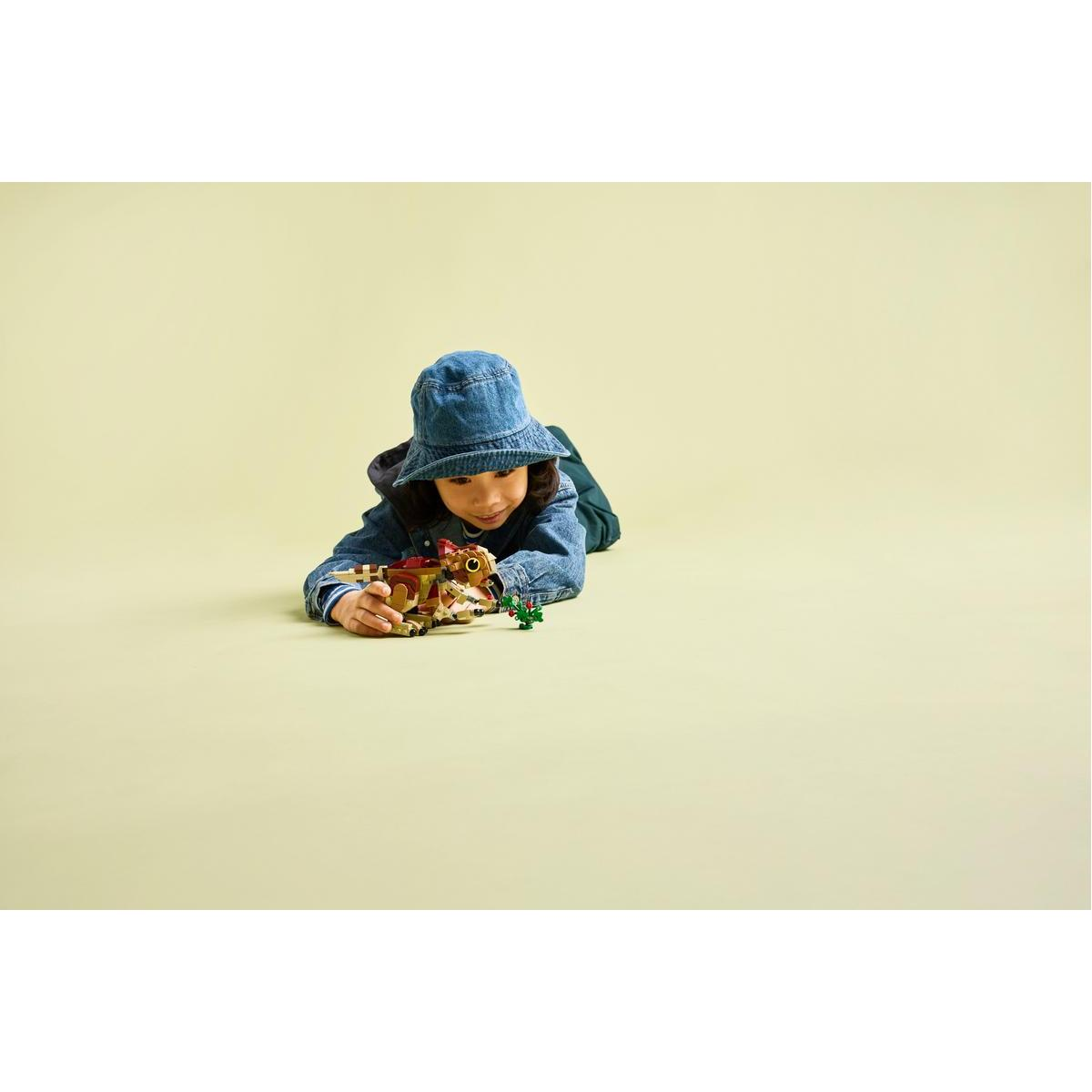 Dziecko leży na podłodze i bawi się zestawem Lego. Zestaw zawiera smoka i małą figurkę.