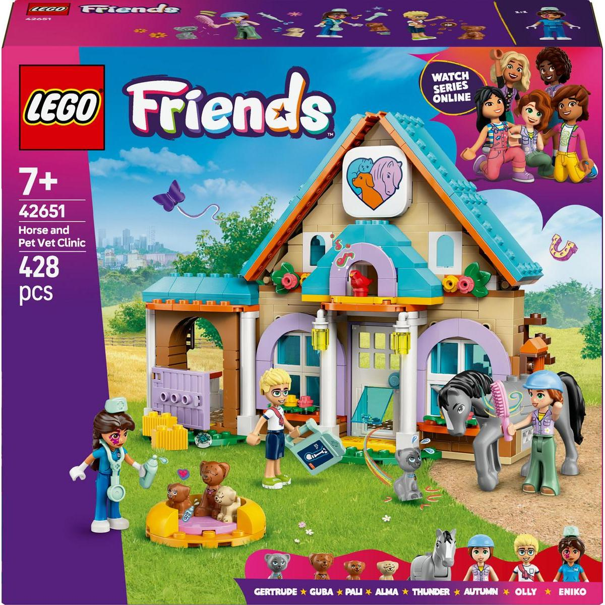 Un set Lego Friends avec une clinique vétérinaire pour chevaux et animaux de compagnie, des figurines et des animaux.