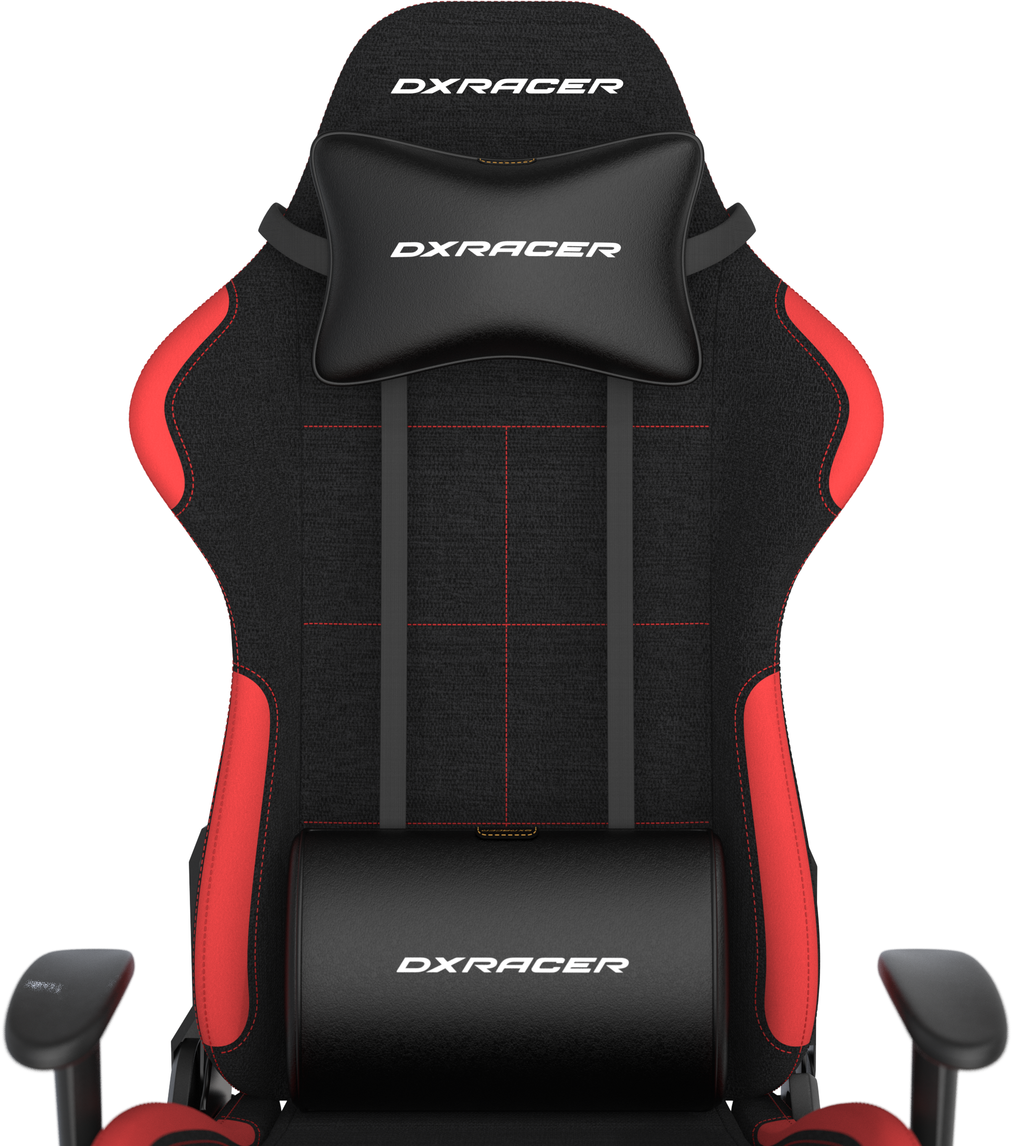 Ein schwarzer und roter Gaming-Stuhl. Er hat eine hohe Rückenlehne, eine Kopfstütze, eine Lendenwirbelstütze und Armlehnen.