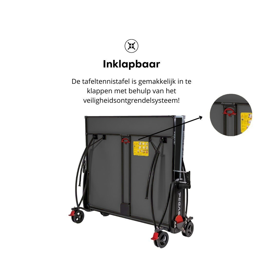 Black ping pong table folded. Text in Dutch states the table is foldable with a safety system.