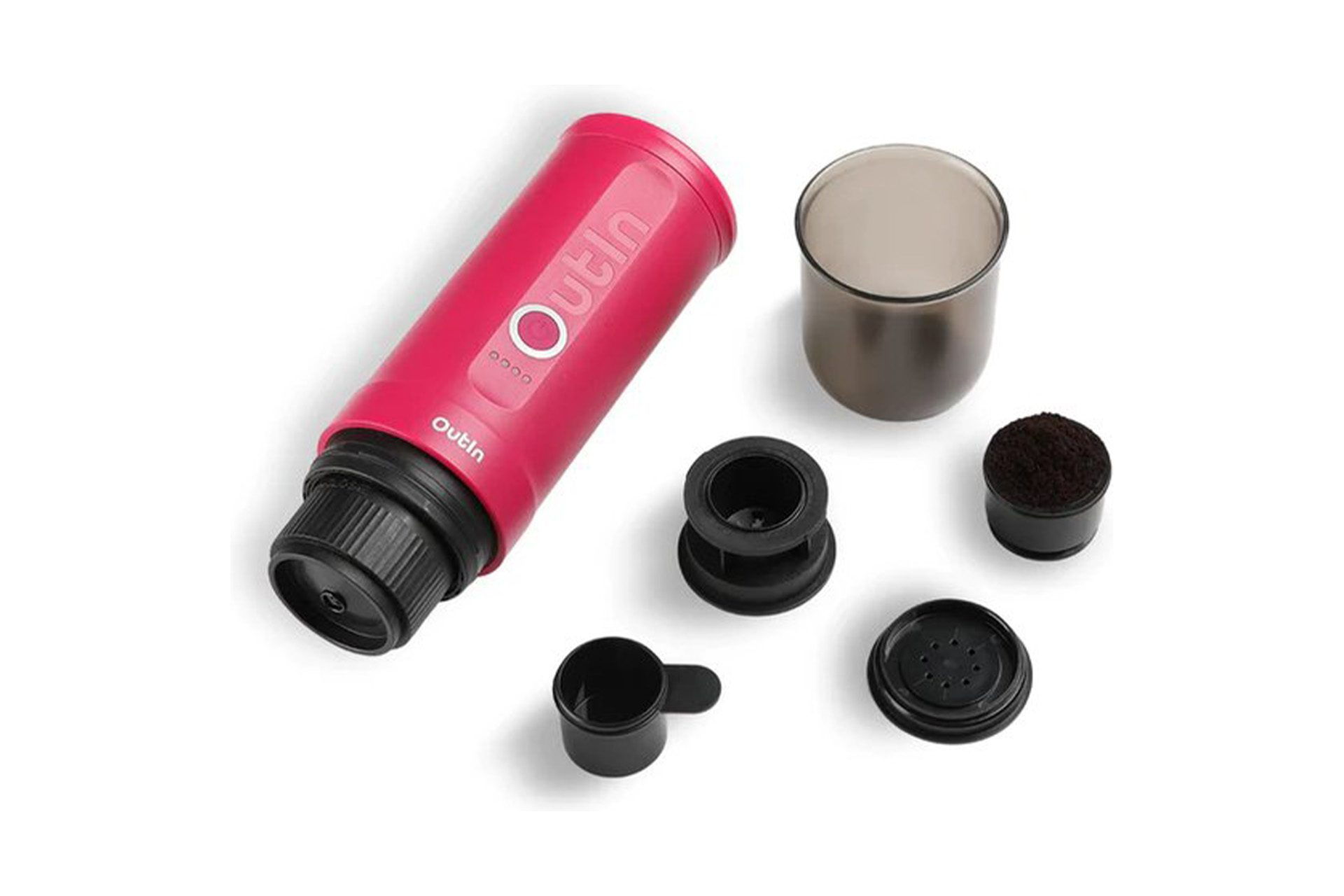 Czerwony ekspres do espresso i części. Maszyna leży na boku.