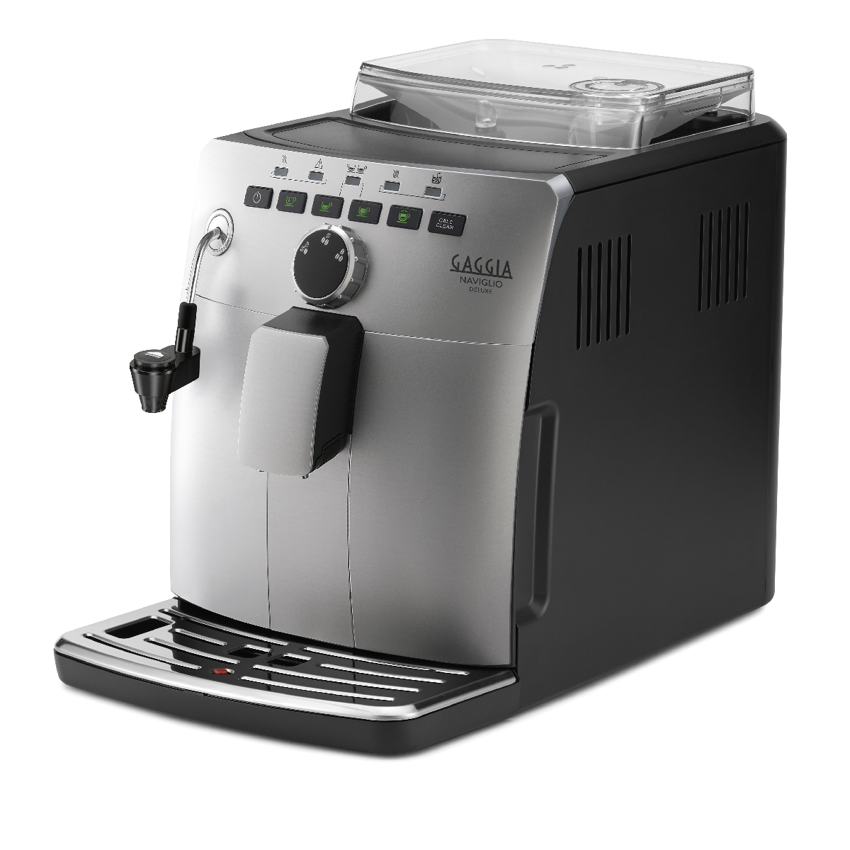 Srebrno-czarny ekspres do espresso Gaggia Naviglio Deluxe. Posiada przyciski i wylewkę. Nowy.