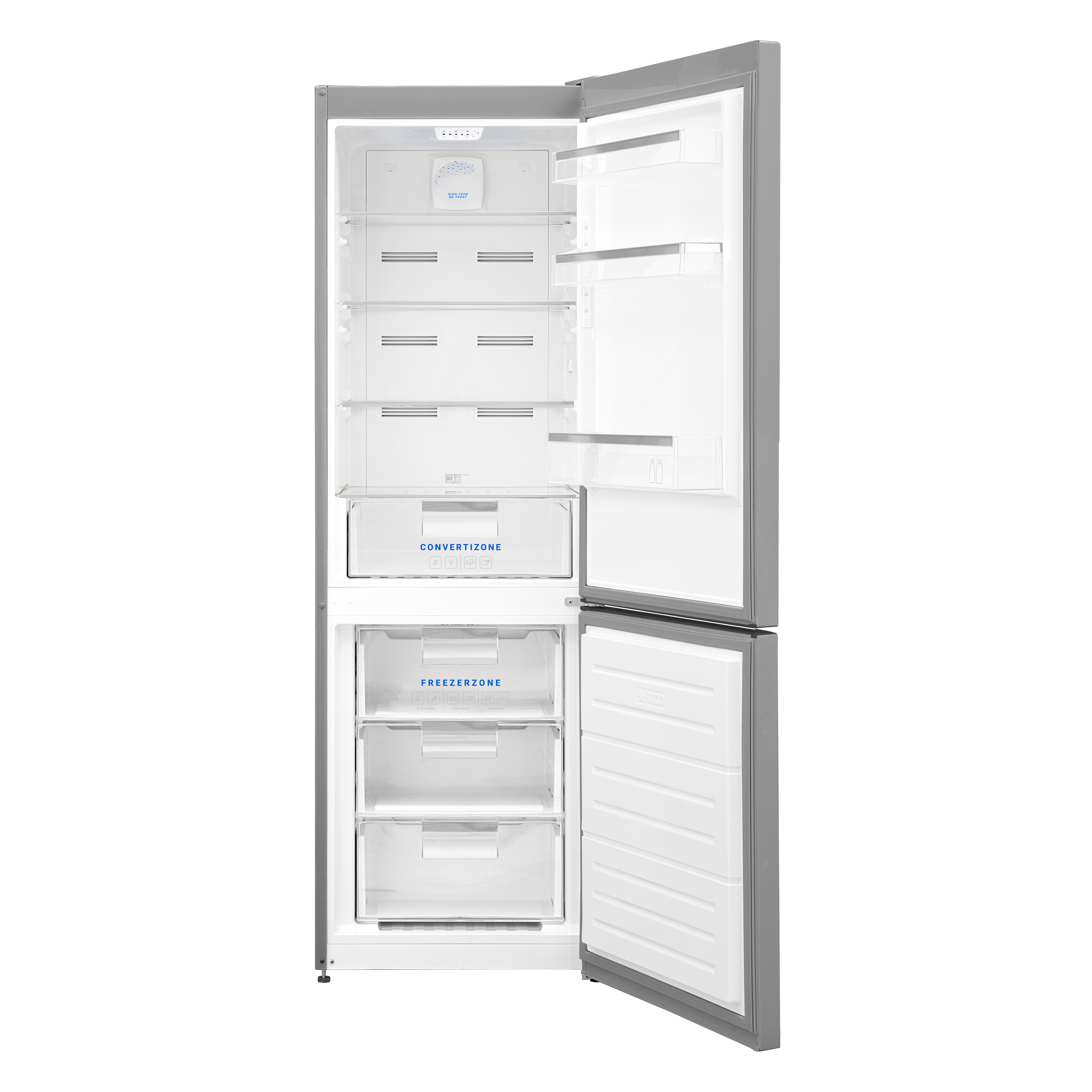 Un refrigerador con las puertas abiertas. Hay estantes, cajones y las palabras Convert Zone y Freezer Zone.
