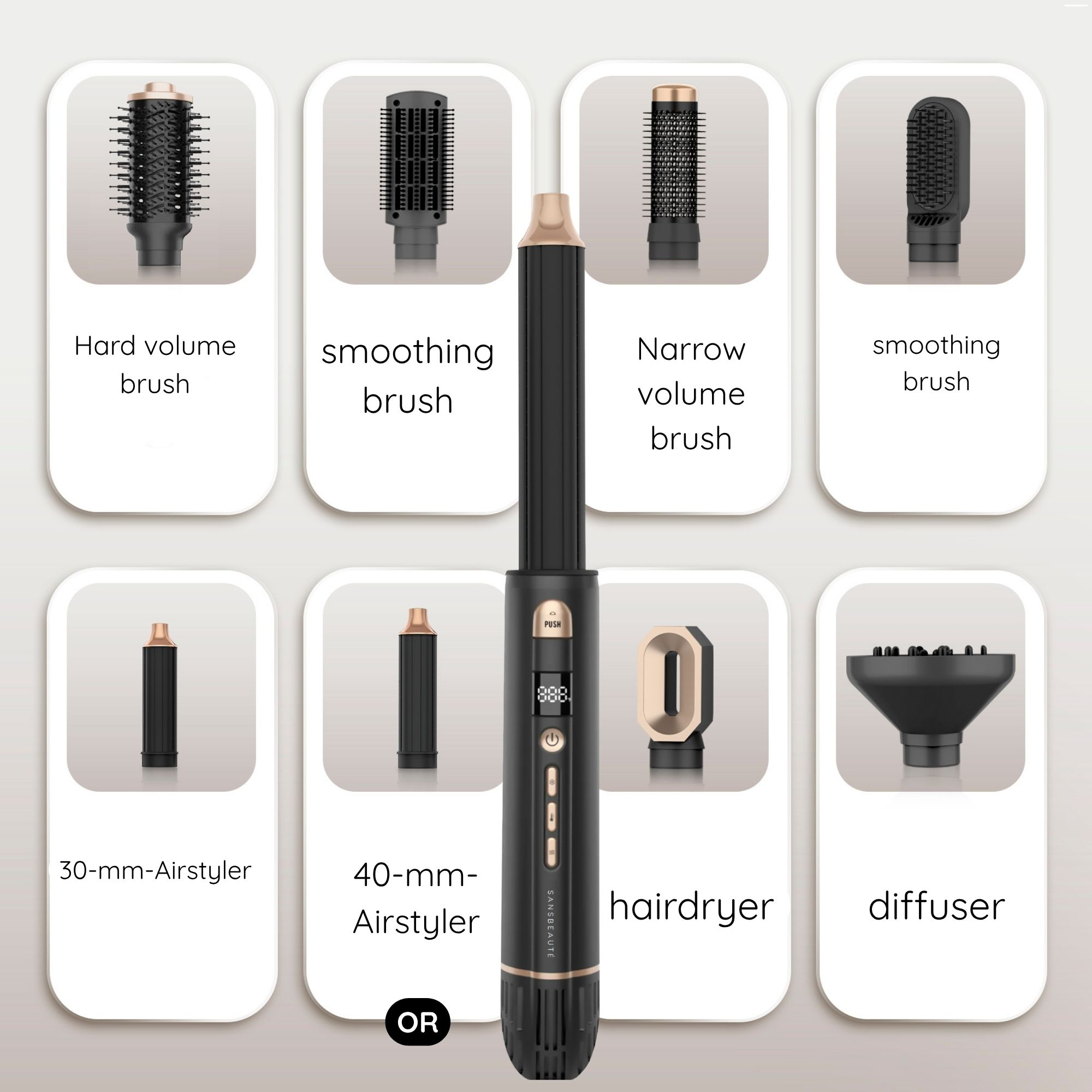 Een air styler met meerdere opzetstukken wordt getoond. Hij heeft een zwarte behuizing met gouden accenten. Opzetstukken zijn onder meer borstels.