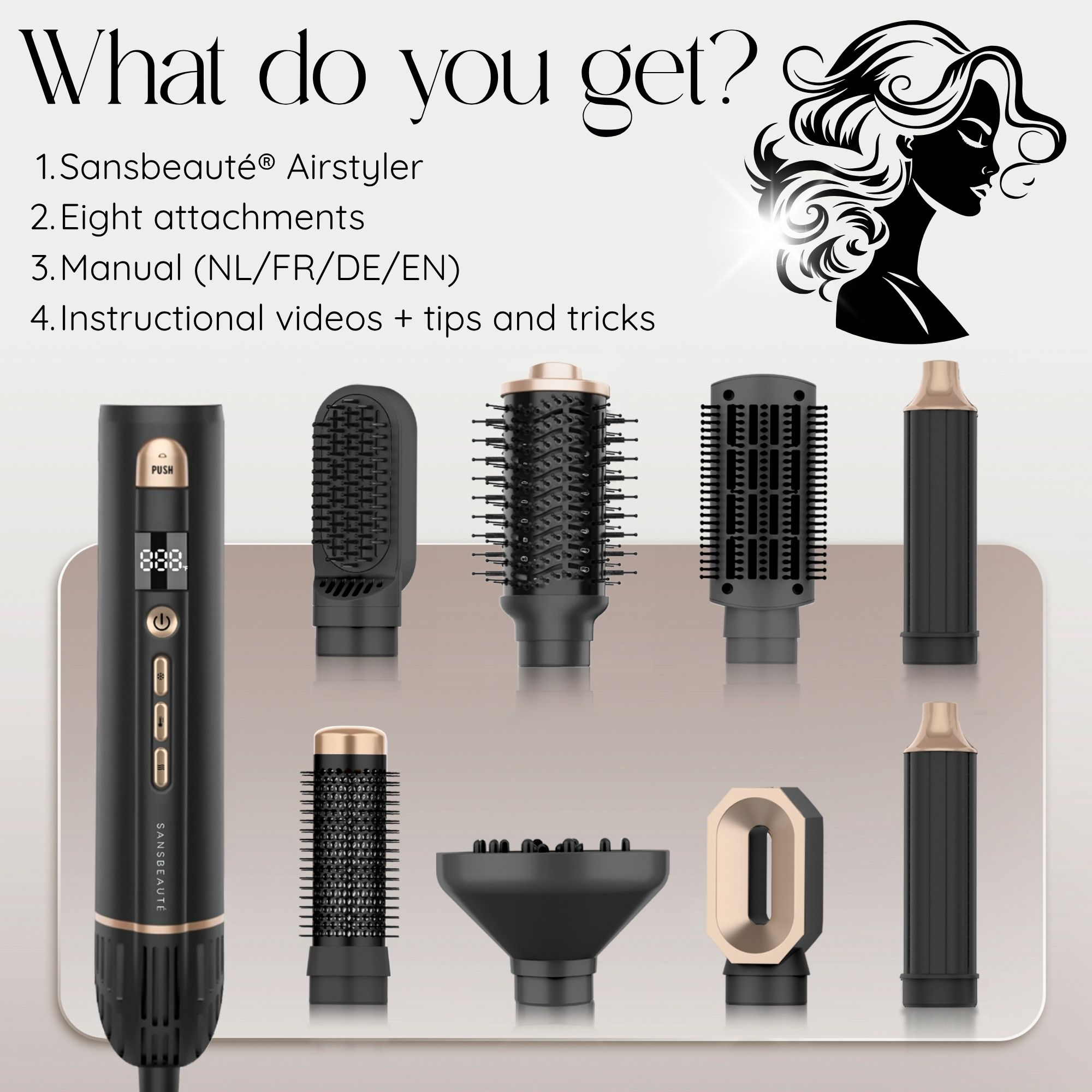 Verschillende opzetstukken voor een air styler worden getoond. De belangrijkste styler staat links. Tekst zegt "Wat krijg je?".