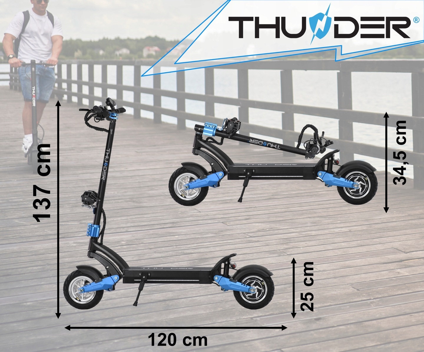 Hulajnoga elektryczna z niebieskimi akcentami pokazana w wielu widokach z wymiarami. Osoba jedzie w tle.