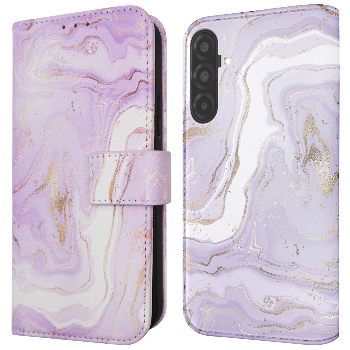 Een lavendelkleurige marmeren telefoonhoes, open en dicht, met gouden adering. De open hoes toont een telefoon.