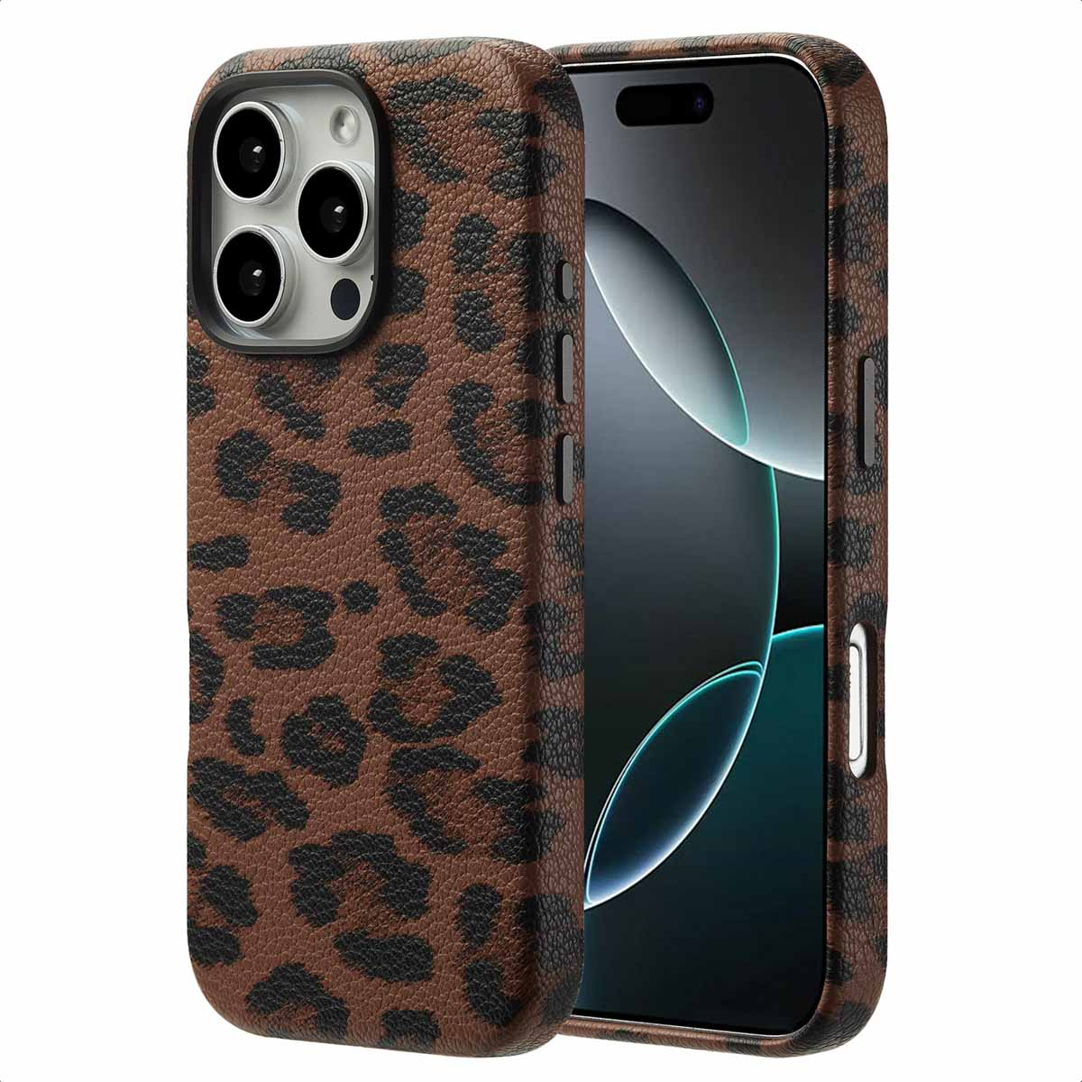 Una custodia per telefono in pelle marrone con stampa leopardata, con un telefono dentro, che mostra le sue lenti.