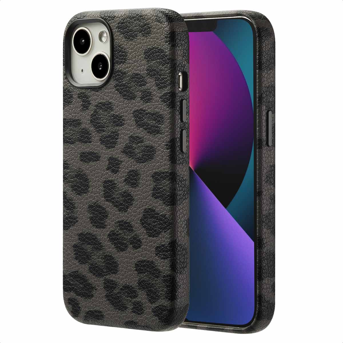 Un étui de téléphone noir à imprimé léopard. Les lentilles de la caméra du téléphone sont visibles. Sur une surface blanche.