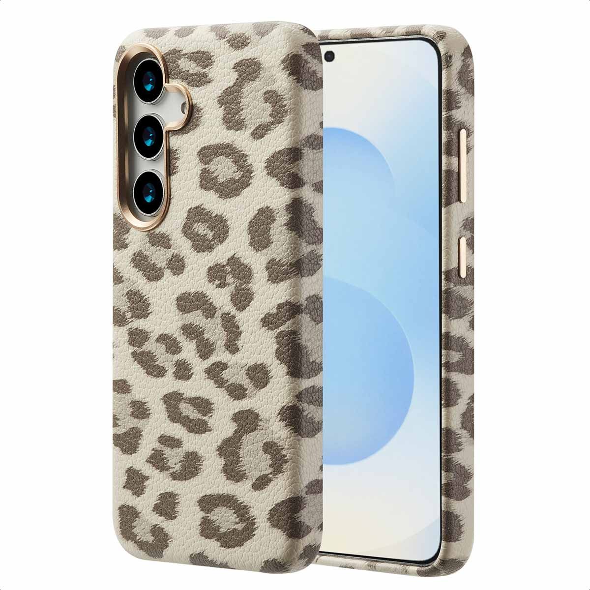 Een telefoonhoesje met een luipaardprint. De telefoon zit erin. De hoes is beige met bruine vlekken.