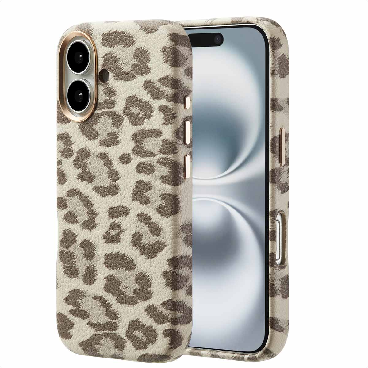 Telefoonhoesje met luipaardprint. De telefoon zit in de hoes, en een deel van de telefoon is zichtbaar. Witte achtergrond.