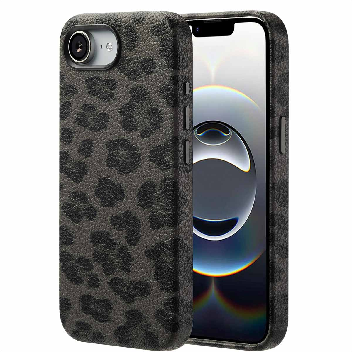 Custodia per telefono nera con stampa leopardata con il telefono all'interno. La custodia copre il lato del telefono.