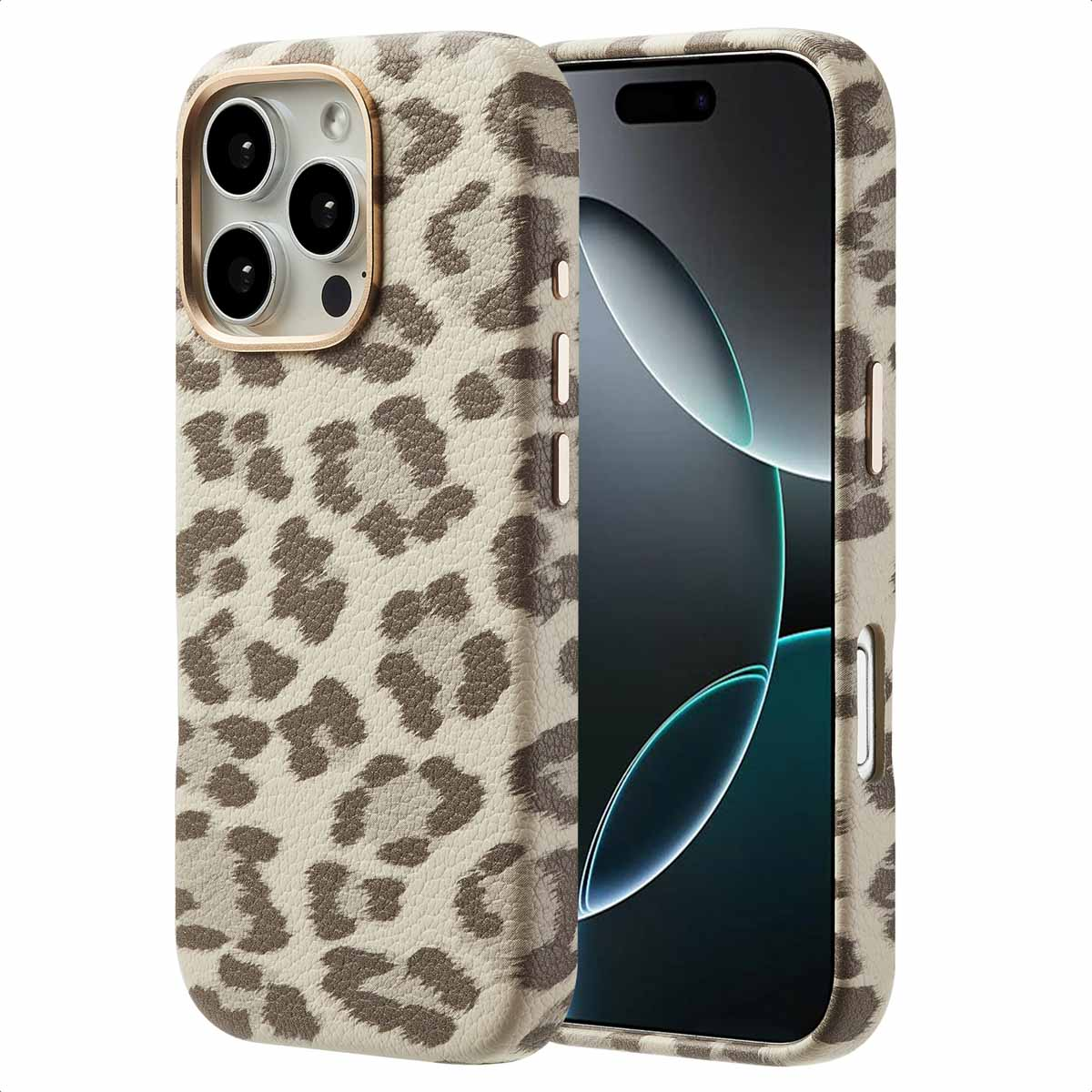 Custodia per telefono con stampa leopardata. Il telefono è nella custodia e una parte del telefono è visibile. Sfondo bianco.