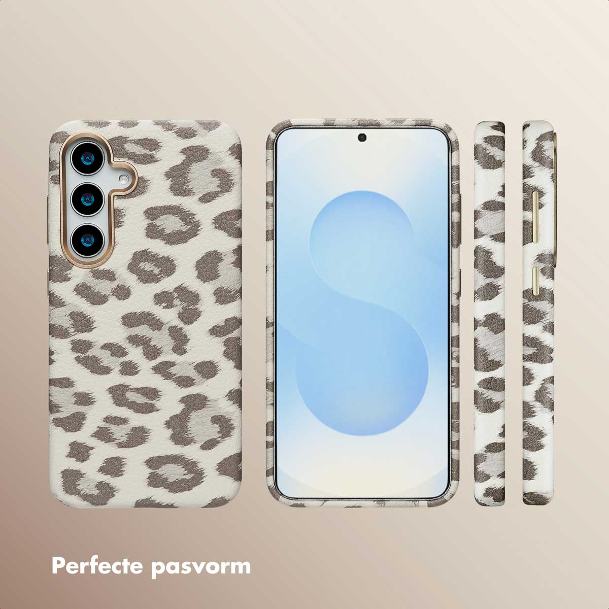 Telefoonhoes met luipaardprint en telefoon erin. De hoes is crème en bruin. Drie zijden zijn zichtbaar.