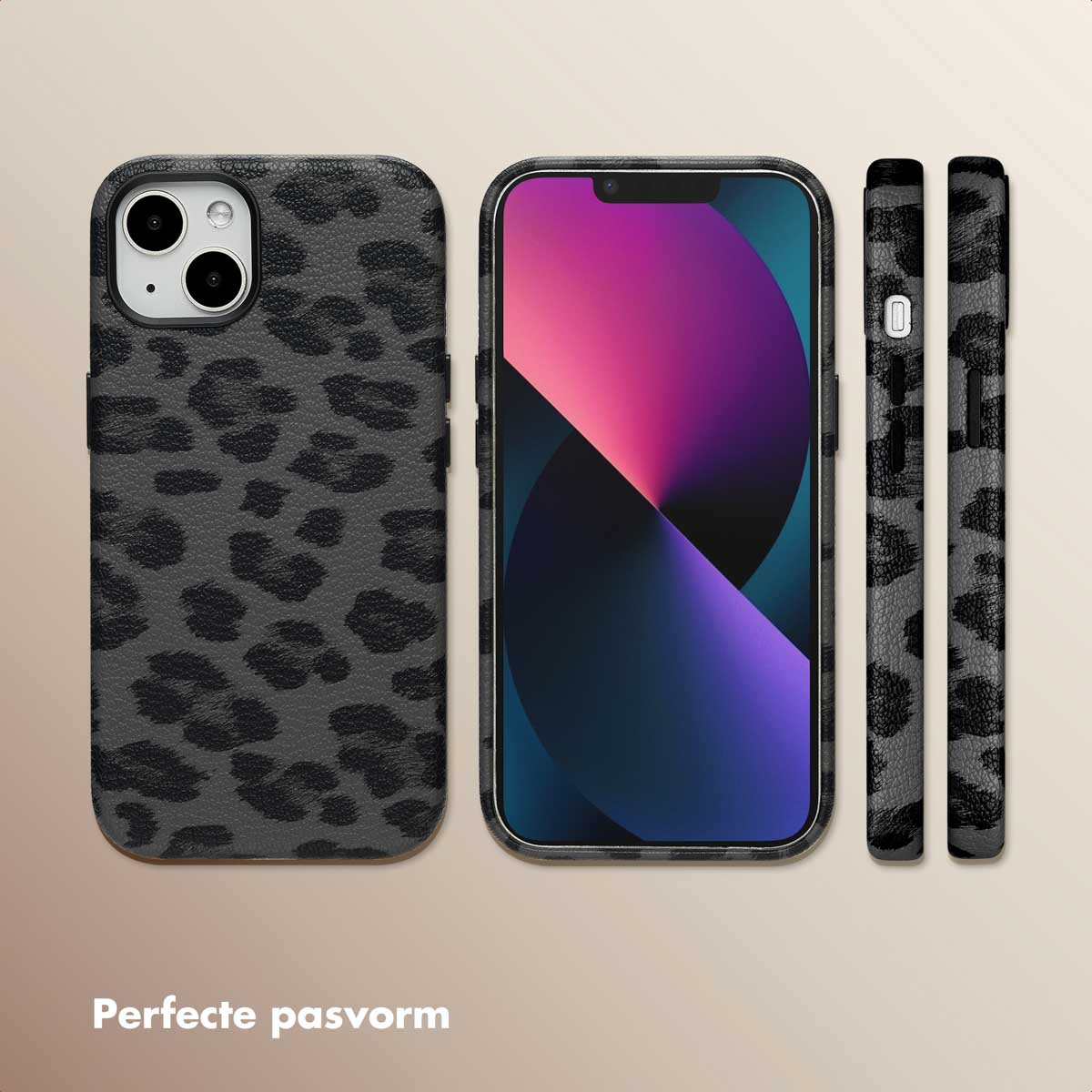 Coque de téléphone avec imprimé léopard noir et téléphone à l'intérieur. Trois côtés sont visibles.