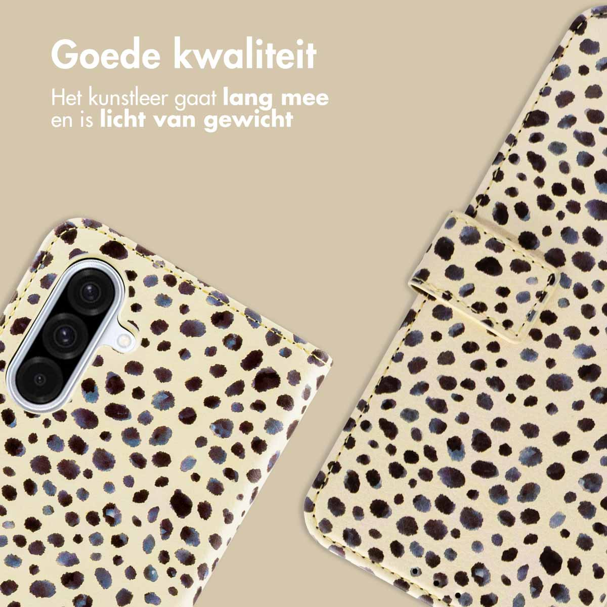 Telefoonhoesje met beige achtergrond en zwarte stippen. Het telefoonhoesje is open.