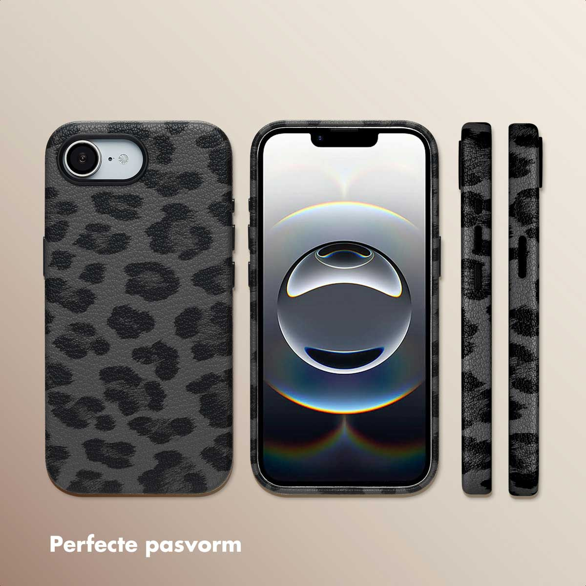 Tre custodie per telefono: una su un telefono e due separate. Tutte le custodie hanno una stampa leopardata grigio scuro.