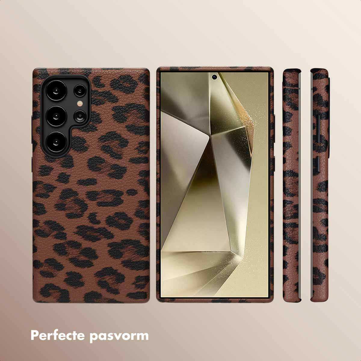 Drie telefoonhoesjes met een bruin luipaardpatroon, die de volledige dekking en het zijprofiel van het ontwerp laten zien.