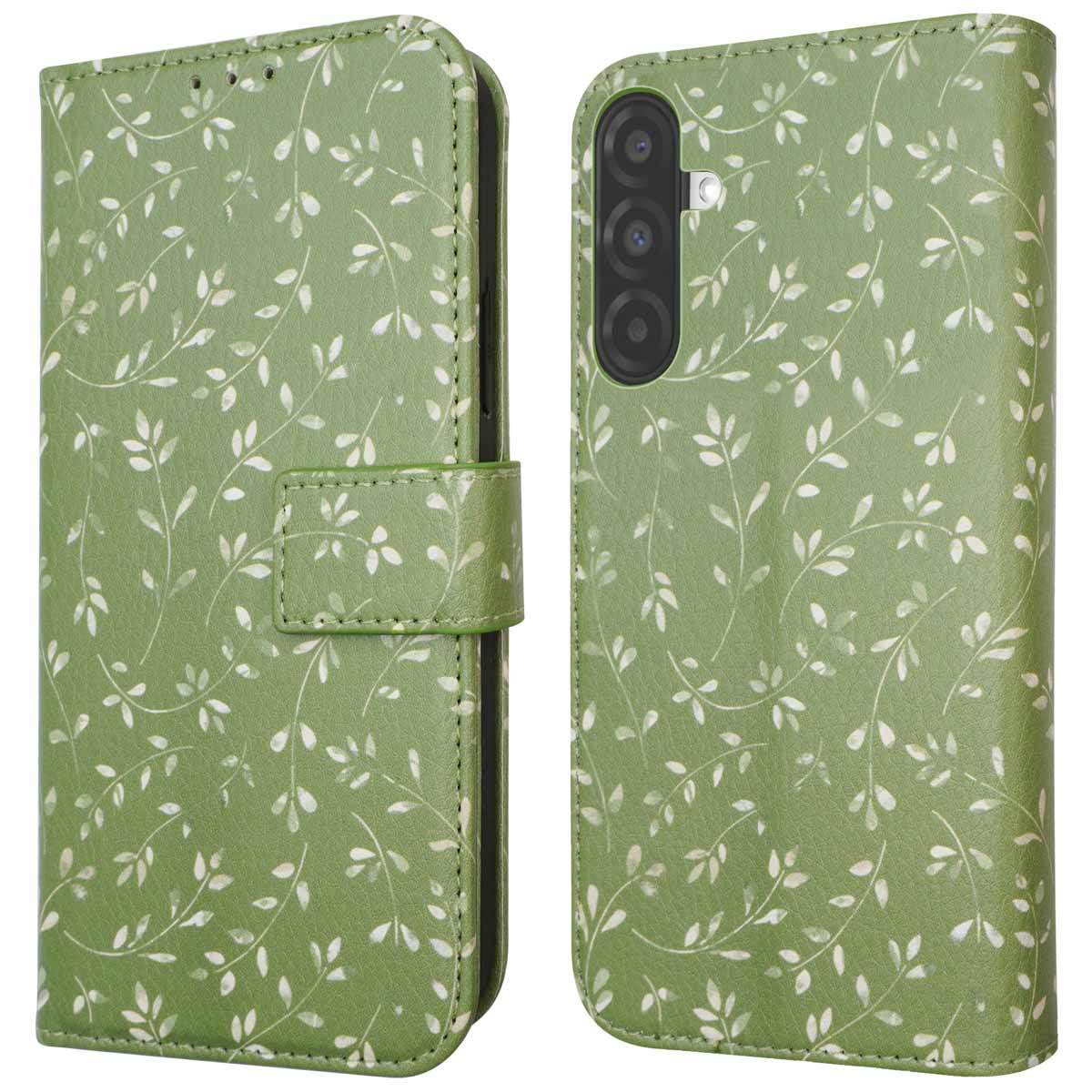 Groene telefoonhoes met wit bladerpatroon, open en dicht. Witte achtergrond.