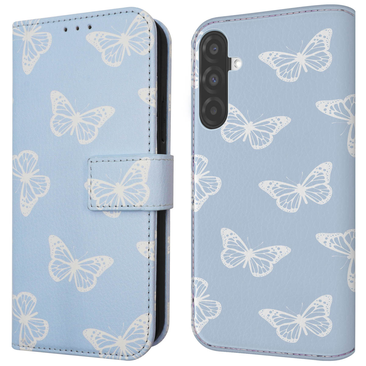 Blauwe telefoonhoes met wit vlinderpatroon, open en dicht. Witte achtergrond.
